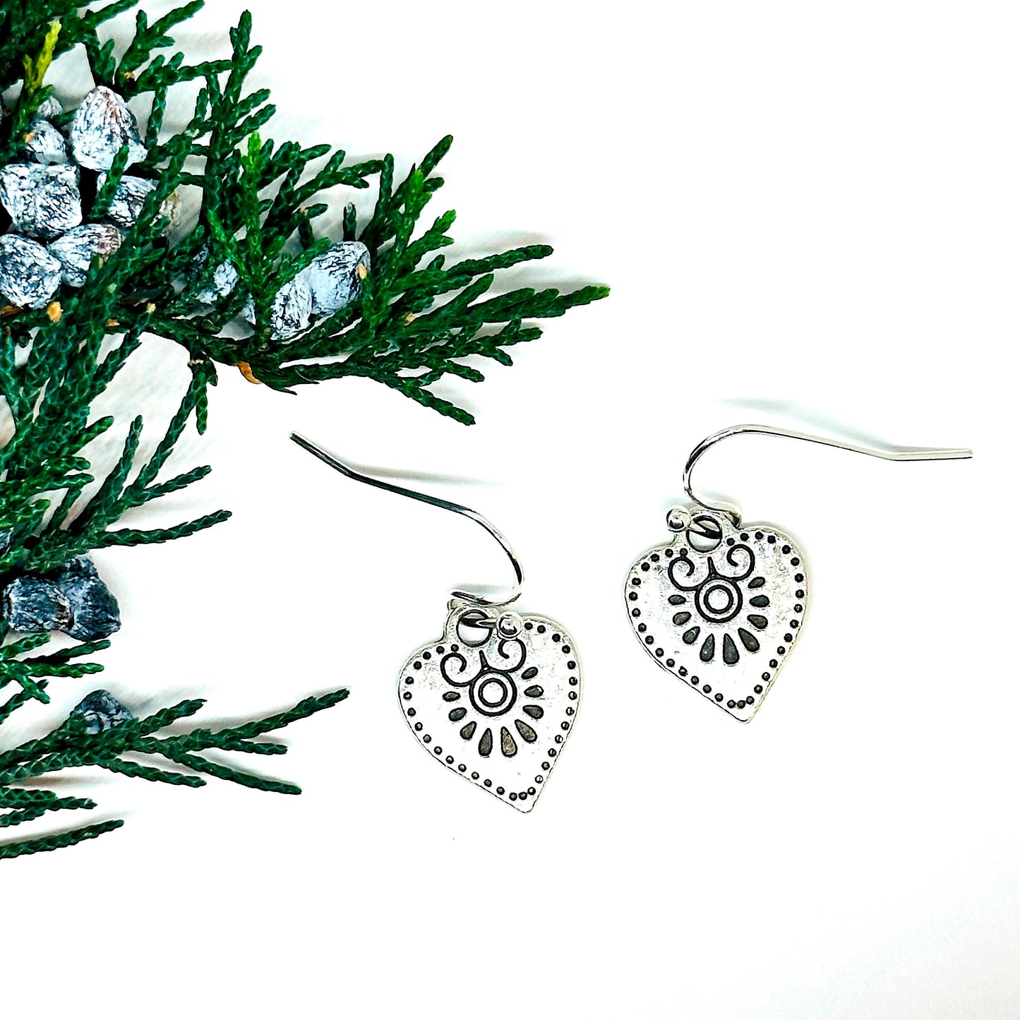 Dainty Carved Heart Earrings Flower Designs Flowered Heart Earrings Floral Design Motifs Ancient Mexico Pre-Columbian Mexican Silver Jewelry