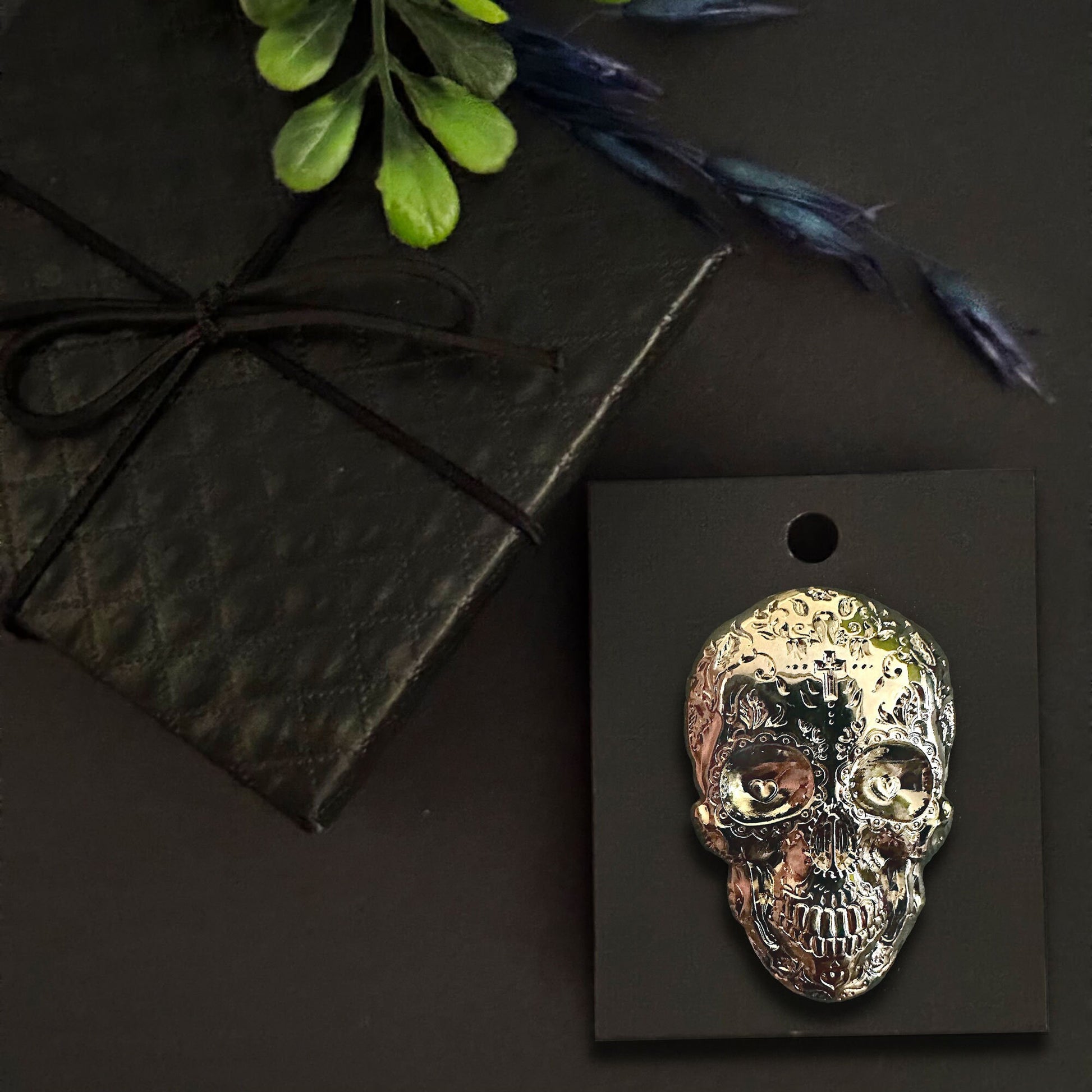 Sugar Skull Mexican Brooch Metal Grey Silver Tone Day of The Dead Dia de Muertos Mexico Folk Art Skull Jewelry Accessory Carved Metallic Pin