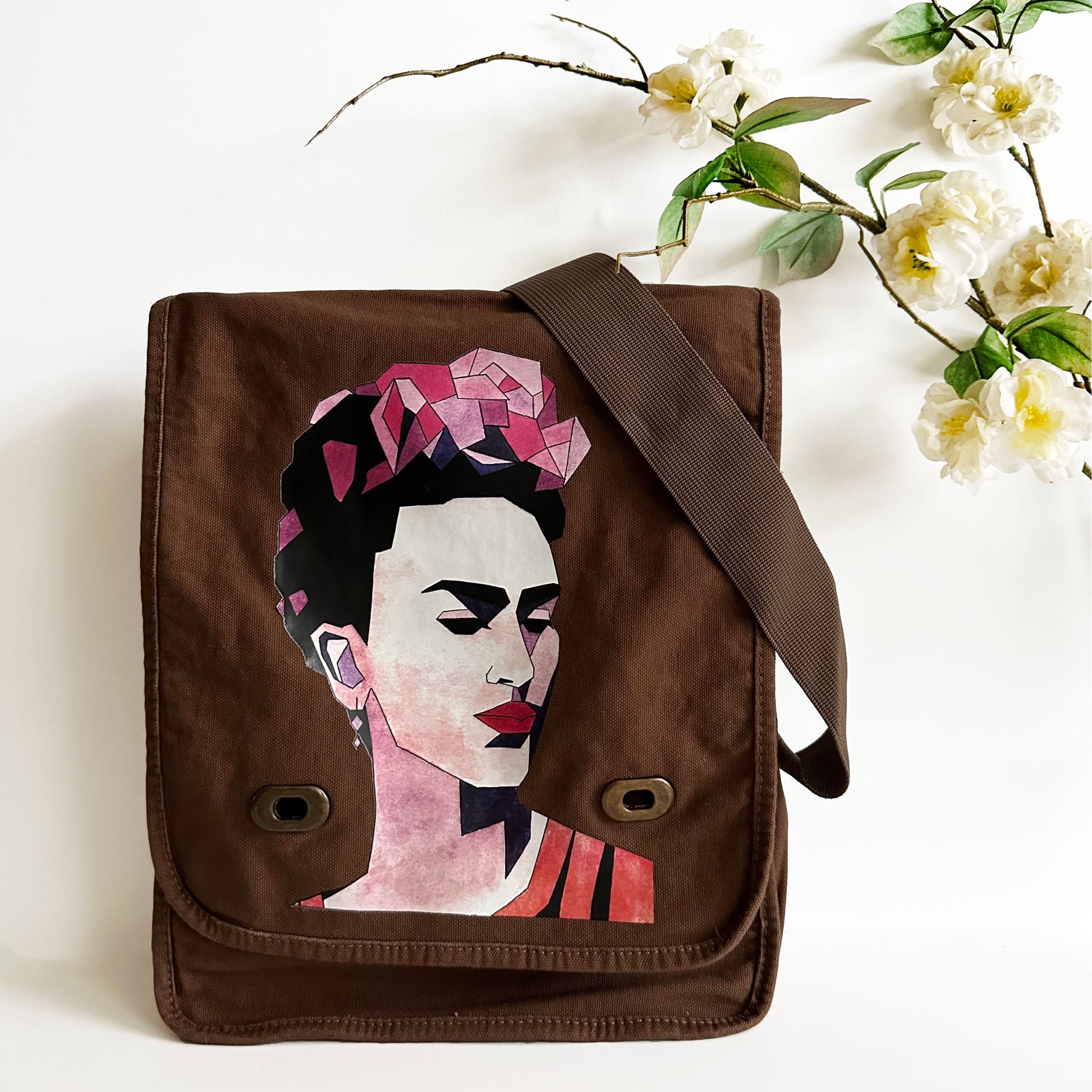 Frida Inspired Bag Crossbody Shoulder Messenger Bag Brown Java Earthtones Soft Canvas Urban Fashion Girls Gift Fridalovers