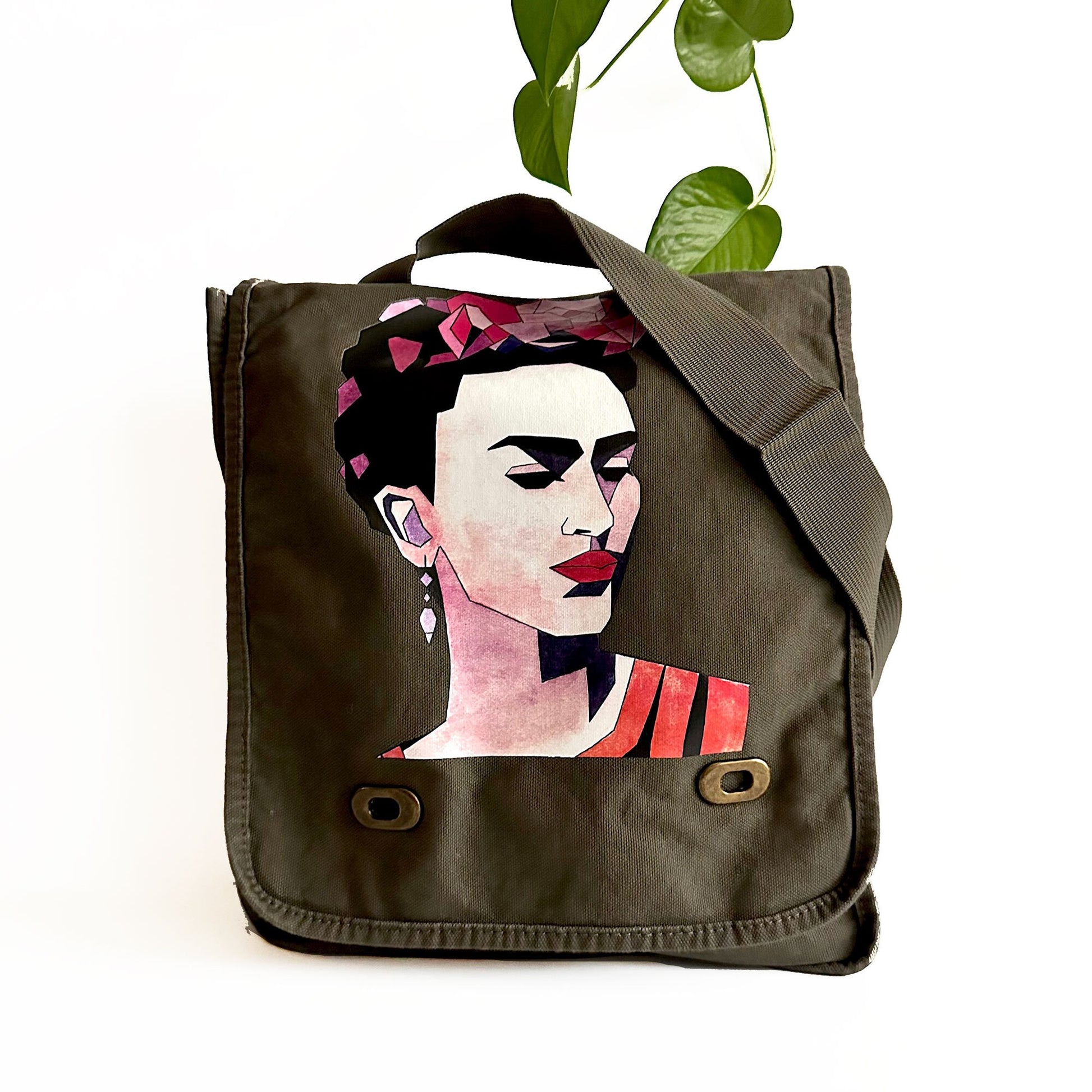 Frida Inspired Bag for Girls Urban Fashion City Crossbody Shoulder Messenger Bag Khaki Green Soft Cotton Canvas Mexican Artist Icon Portrait