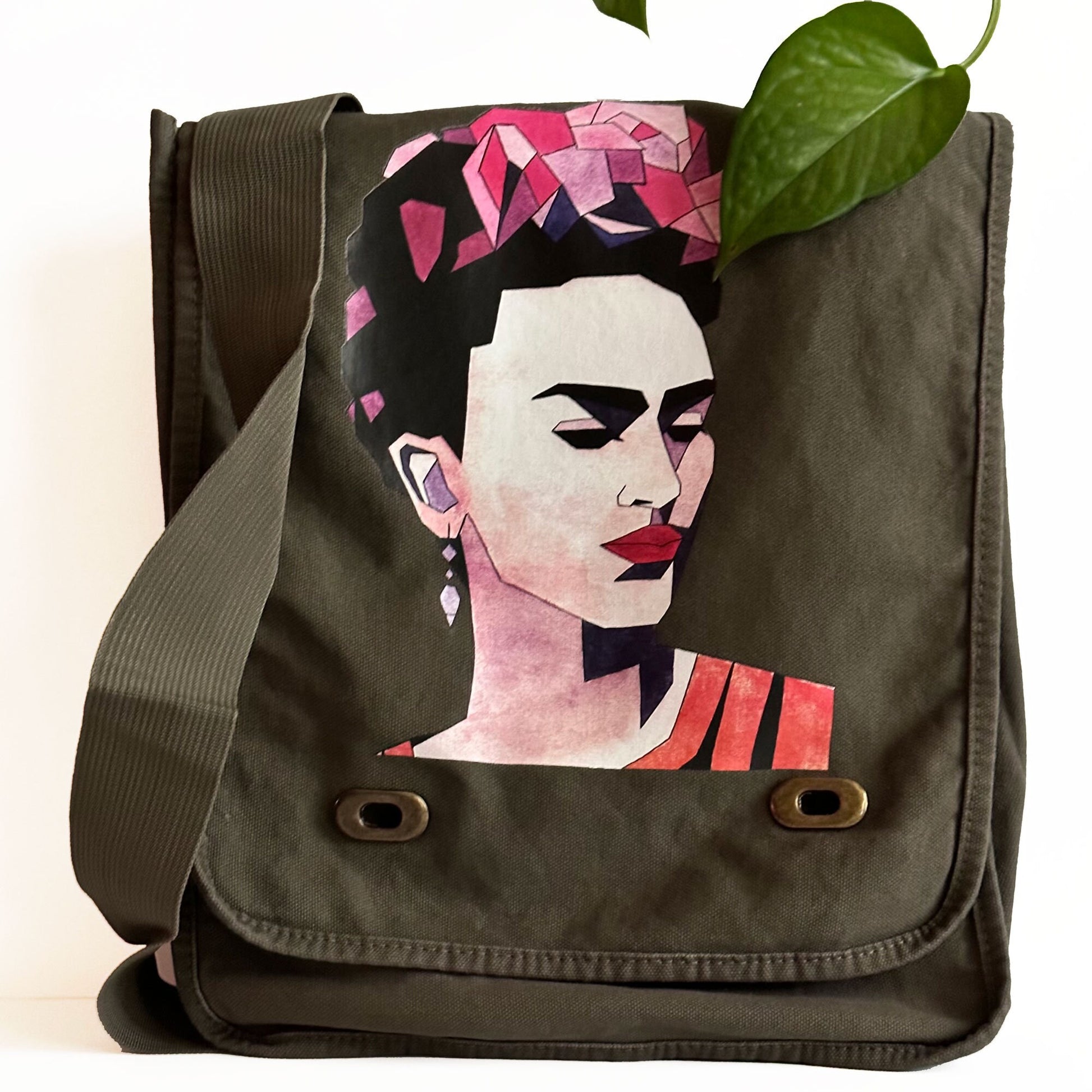 Frida Inspired Bag for Girls Urban Fashion City Crossbody Shoulder Messenger Bag Khaki Green Soft Cotton Canvas Mexican Artist Icon Portrait