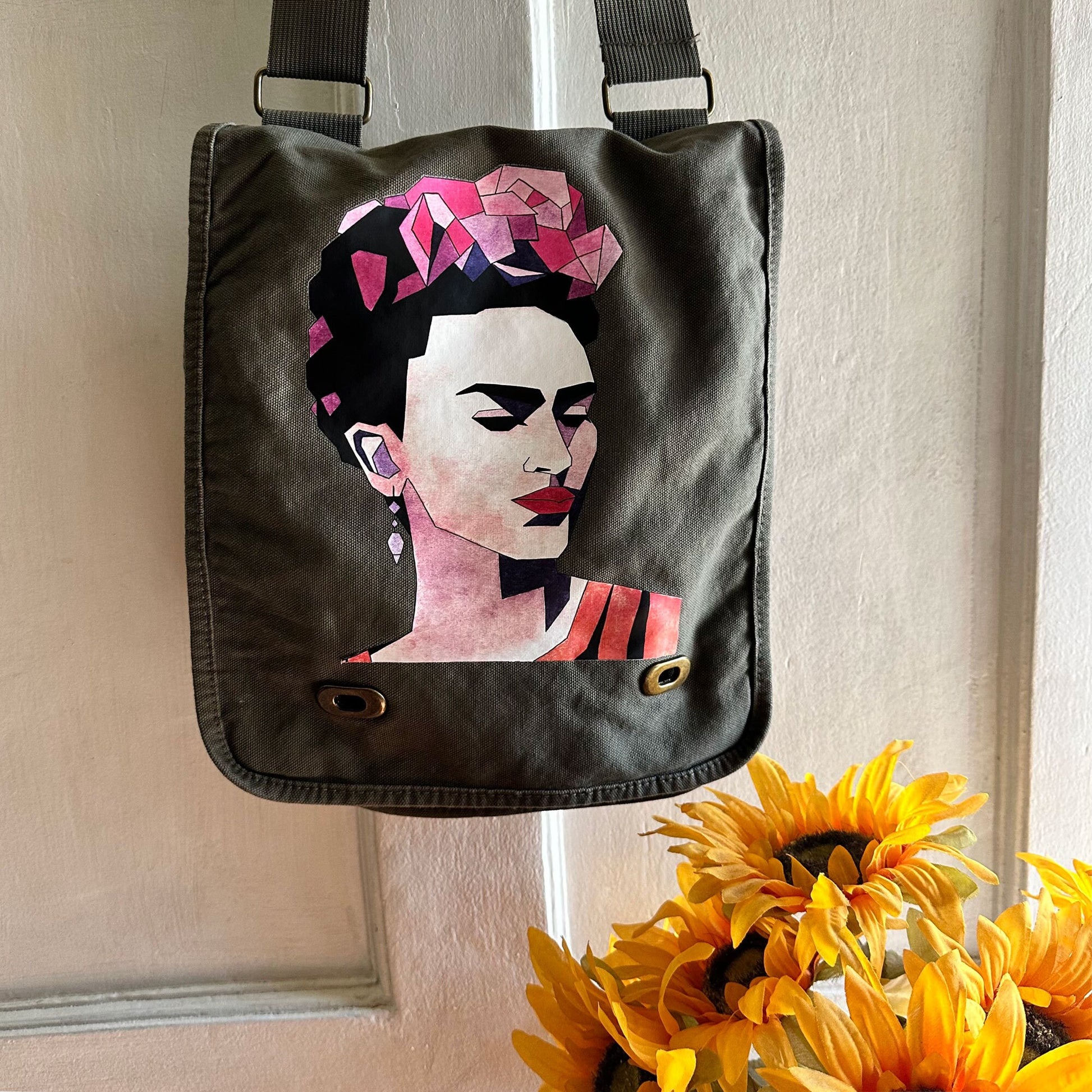 Frida Inspired Bag for Girls Urban Fashion City Crossbody Shoulder Messenger Bag Khaki Green Soft Cotton Canvas Mexican Artist Icon Portrait