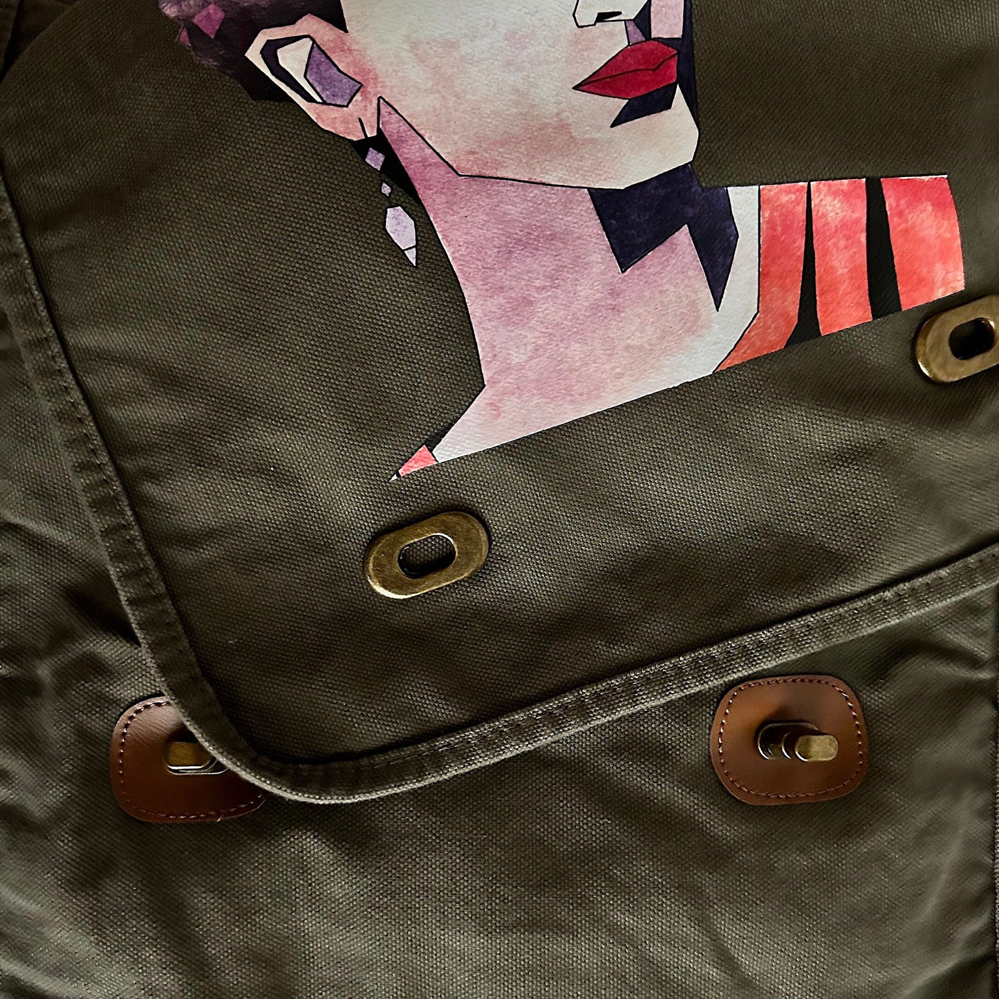 Frida Inspired Bag for Girls Urban Fashion City Crossbody Shoulder Messenger Bag Khaki Green Soft Cotton Canvas Mexican Artist Icon Portrait