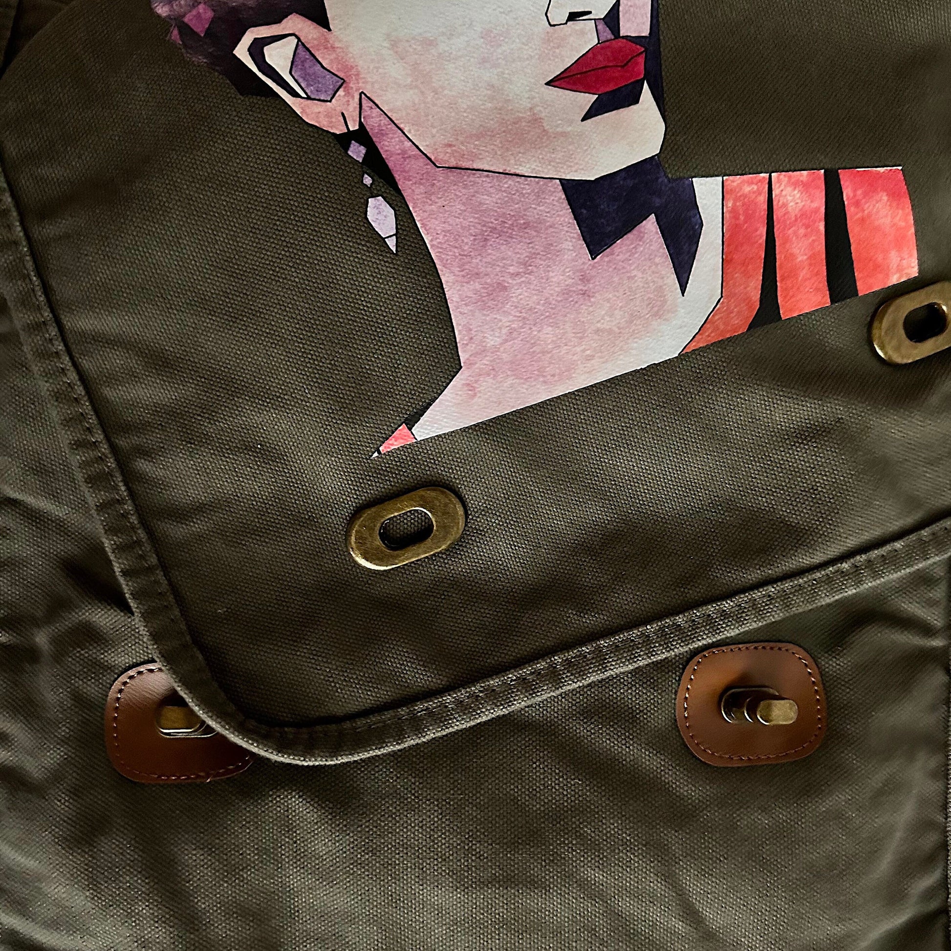 Frida Inspired Bag for Girls Urban Fashion City Crossbody Shoulder Messenger Bag Khaki Green Soft Cotton Canvas Mexican Artist Icon Portrait