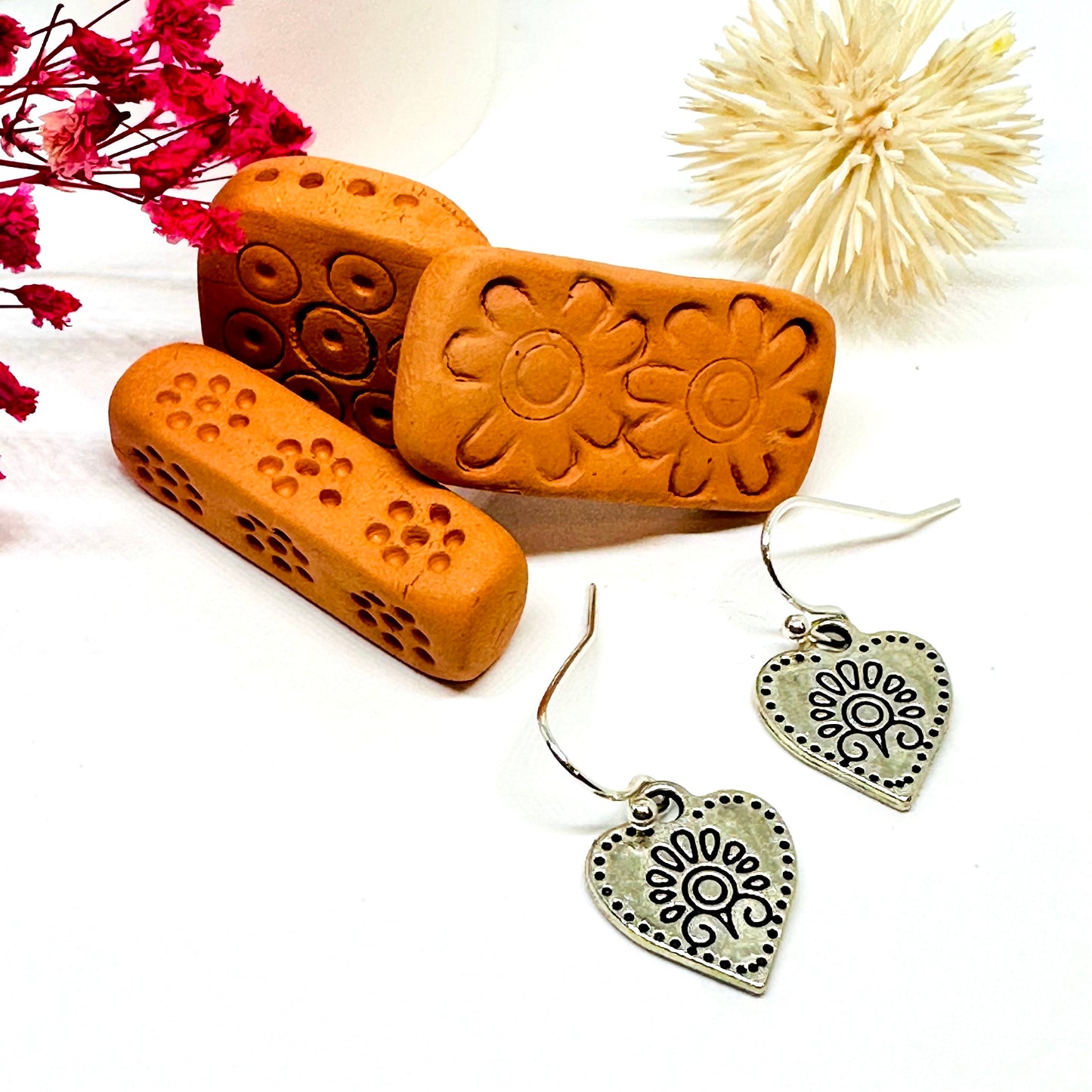Dainty Carved Heart Earrings Flower Designs Flowered Heart Earrings Floral Design Motifs Ancient Mexico Pre-Columbian Mexican Silver Jewelry