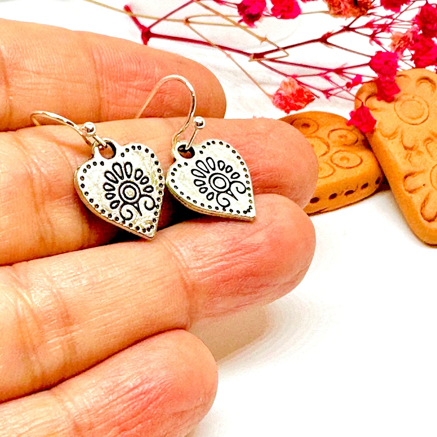 Dainty Carved Heart Earrings Flower Designs Flowered Heart Earrings Floral Design Motifs Ancient Mexico Pre-Columbian Mexican Silver Jewelry