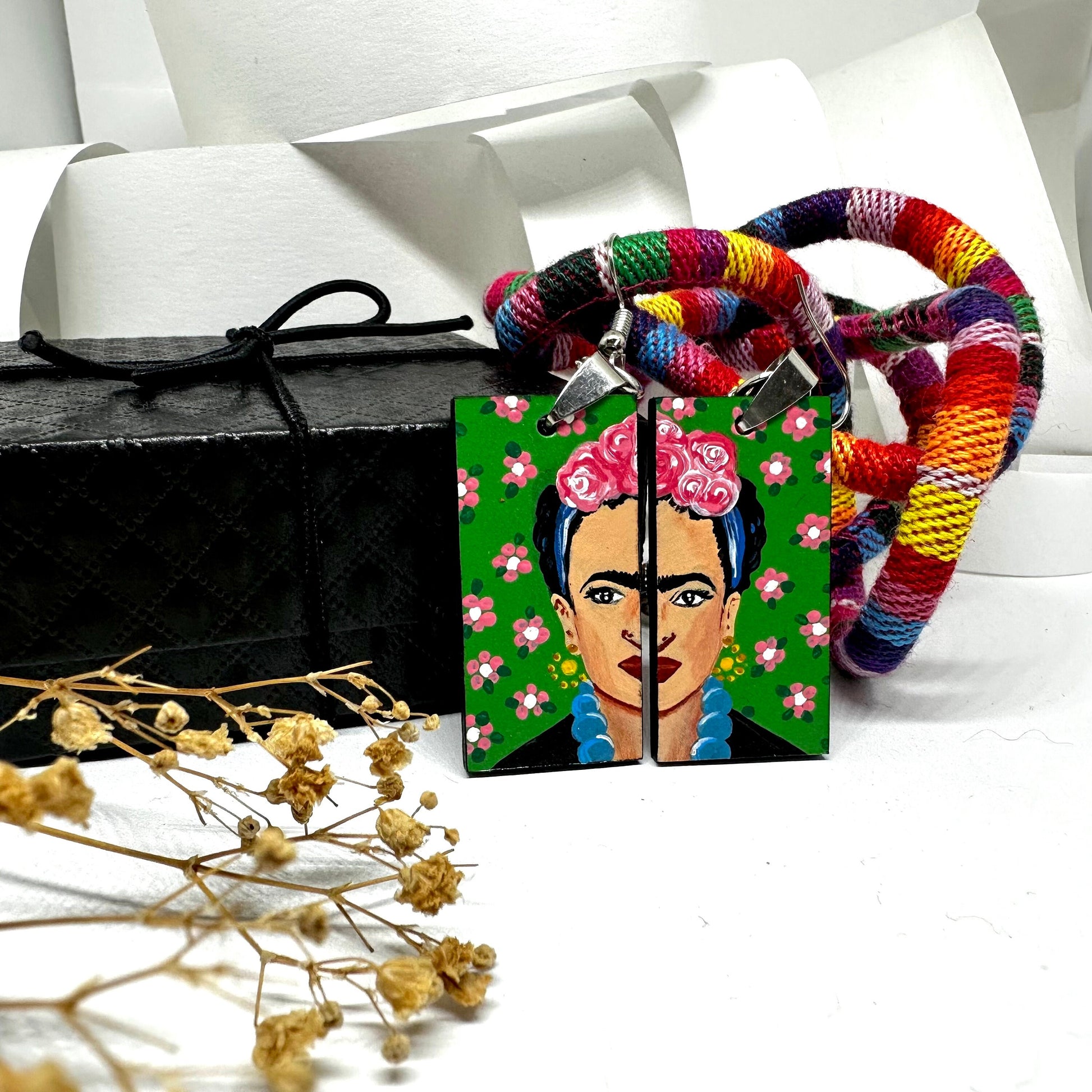 Cool Frida Inspired Earrings Hand Painted Artfully Designed Mexican Jewelry Mexico Folk Art to Wear Wooden Rectangular Asymmetrical Earrings