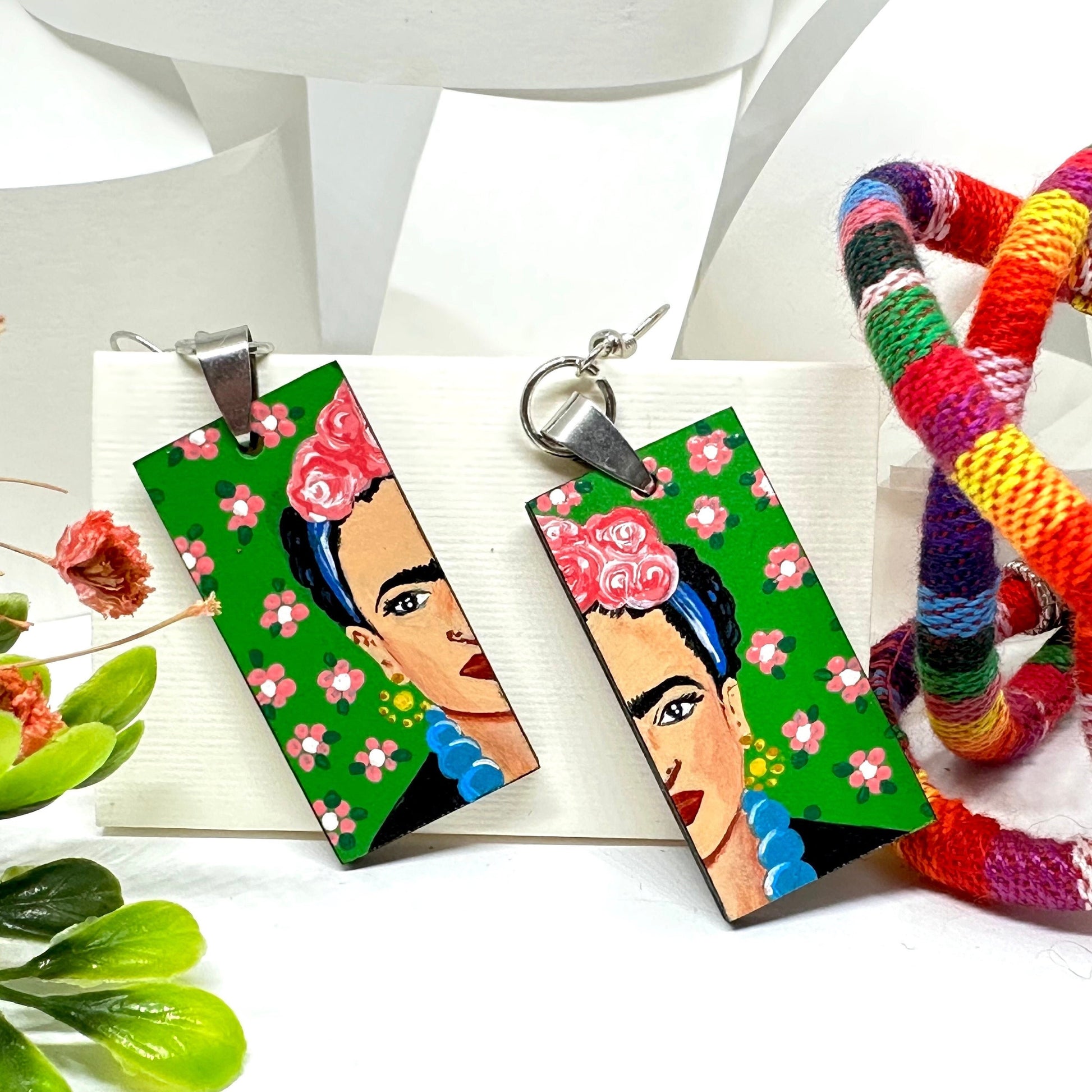 Cool Frida Inspired Earrings Hand Painted Artfully Designed Mexican Jewelry Mexico Folk Art to Wear Wooden Rectangular Asymmetrical Earrings
