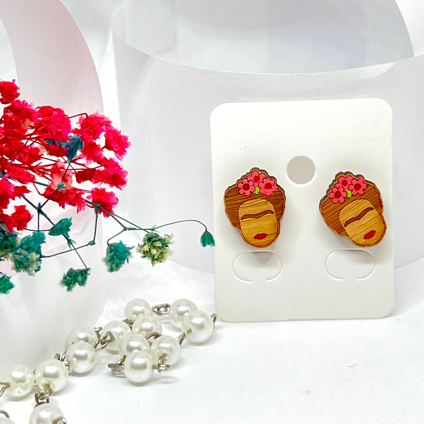 Chic Frida Earrings Mini Studs Girls Pink Flowers Boho Summer Fashion Bamboo Wood Natural Beauty Hand Painted Jewelry Cute Gift Fridalovers