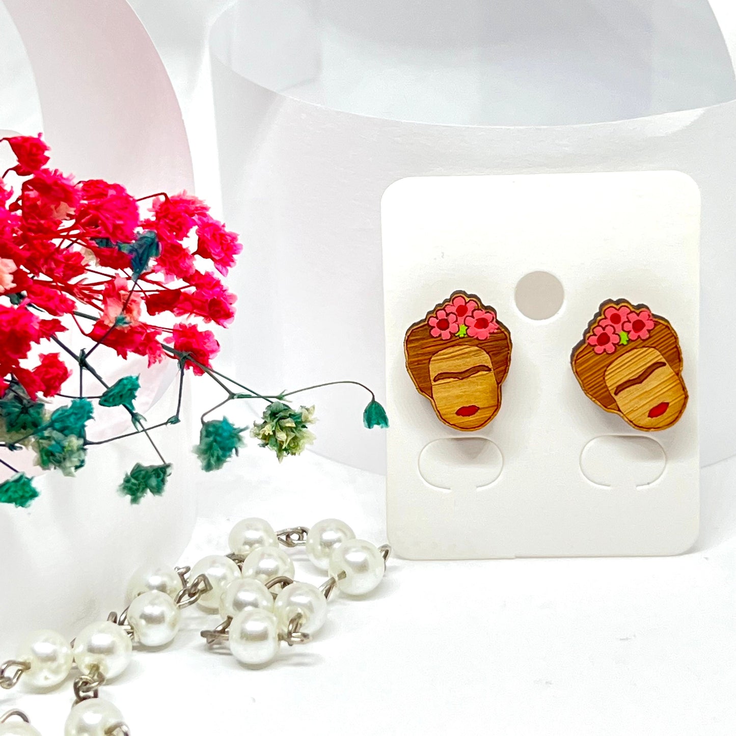 Chic Frida Earrings Mini Studs Girls Pink Flowers Boho Summer Fashion Bamboo Wood Natural Beauty Hand Painted Jewelry Cute Gift Fridalovers
