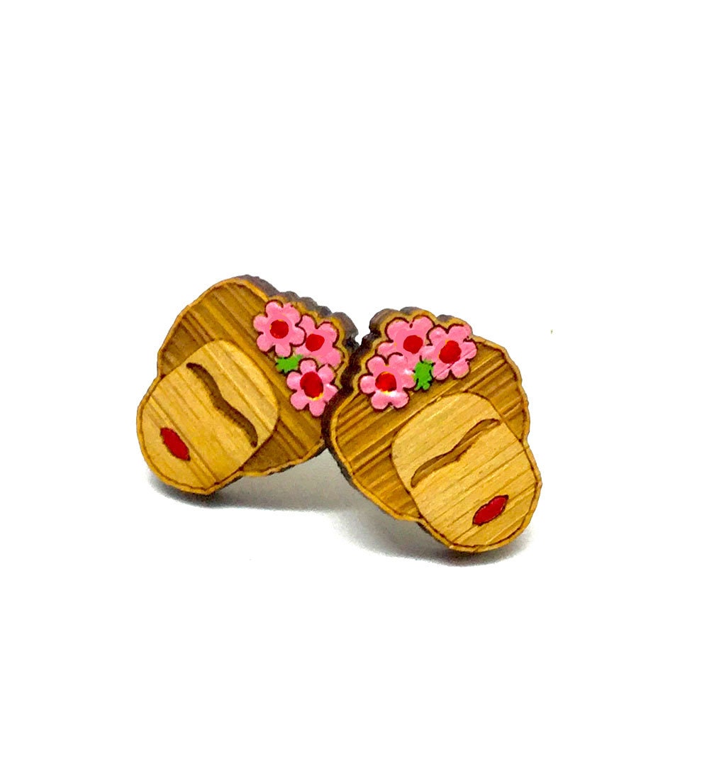 Chic Frida Earrings Mini Studs Girls Pink Flowers Boho Summer Fashion Bamboo Wood Natural Beauty Hand Painted Jewelry Cute Gift Fridalovers