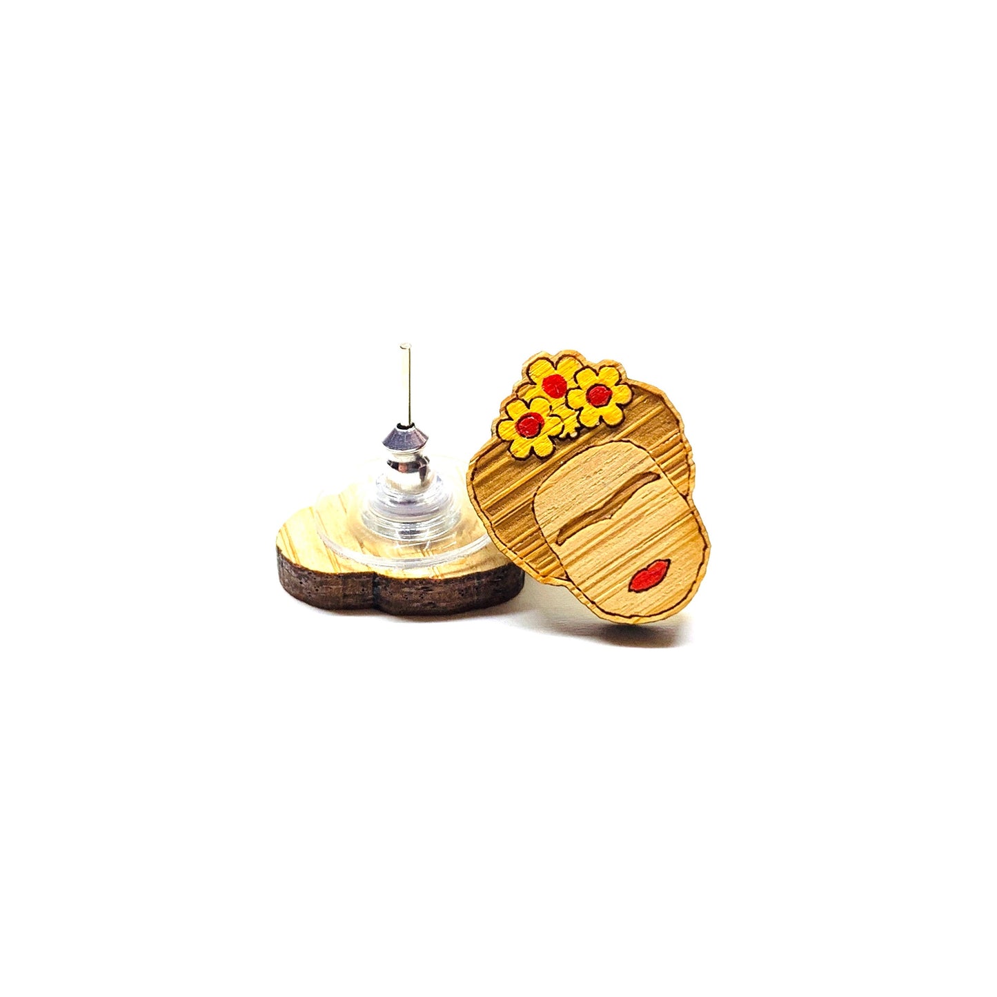 Cool Frida Earrings Stud Mini Bamboo Wood HandPainted Yellow Flowers Girls Summer Fashion Boho Minimalist Jewelry Cute Gift Idea Fridalovers