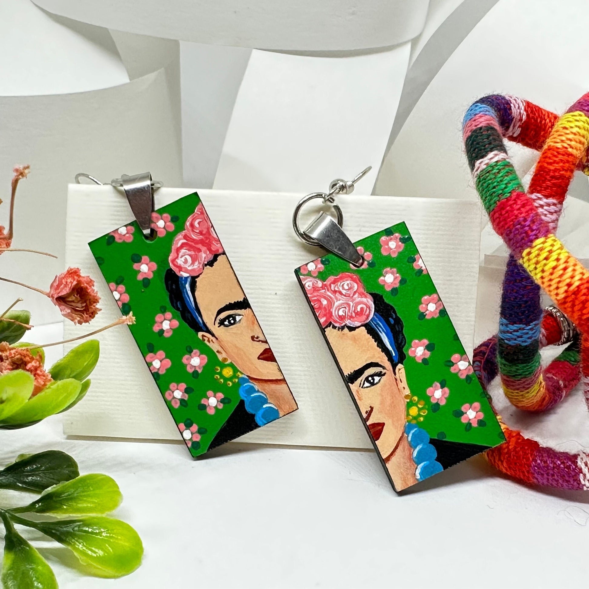 Cool Frida Inspired Earrings Hand Painted Artfully Designed Mexican Jewelry Mexico Folk Art to Wear Wooden Rectangular Asymmetrical Earrings