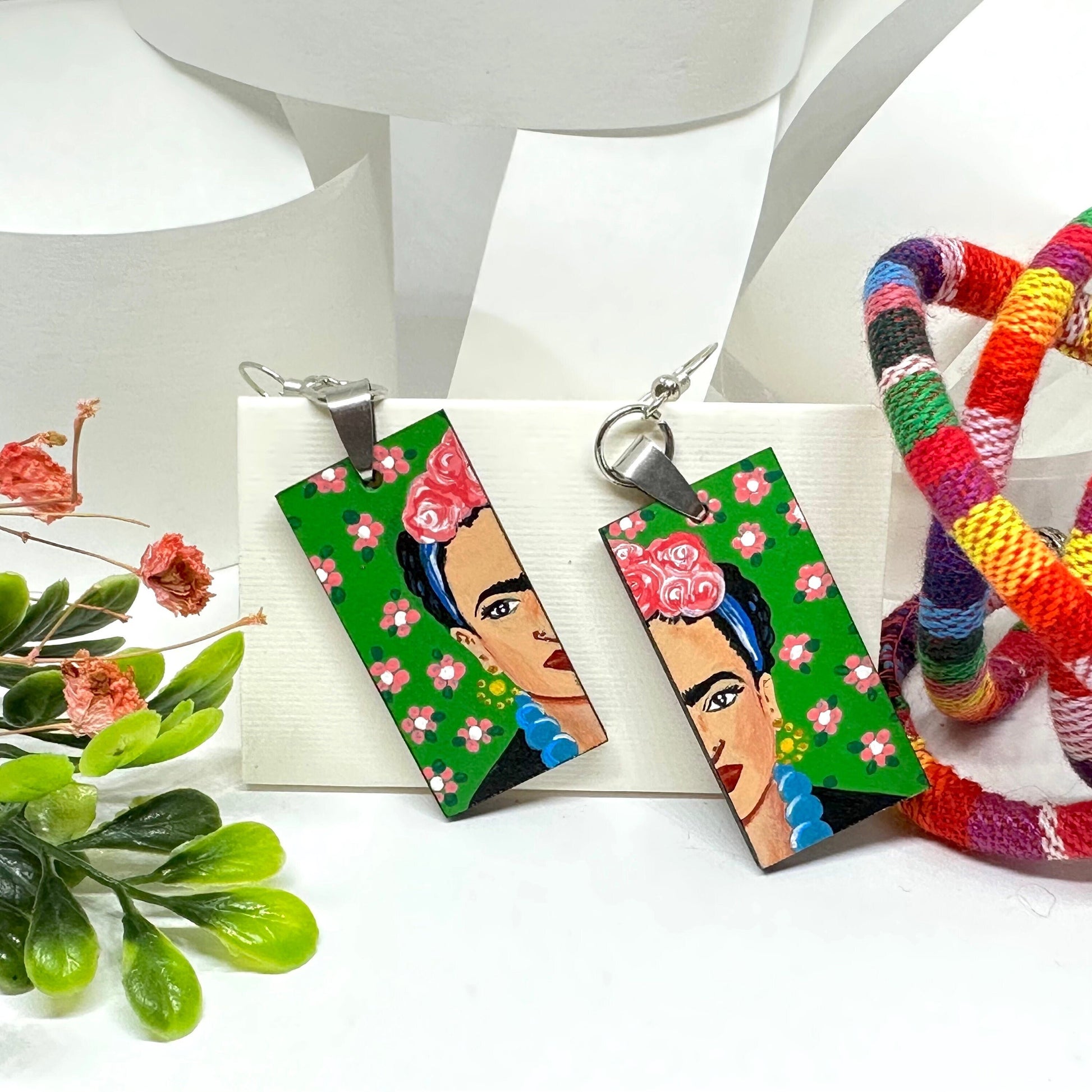 Cool Frida Inspired Earrings Hand Painted Artfully Designed Mexican Jewelry Mexico Folk Art to Wear Wooden Rectangular Asymmetrical Earrings
