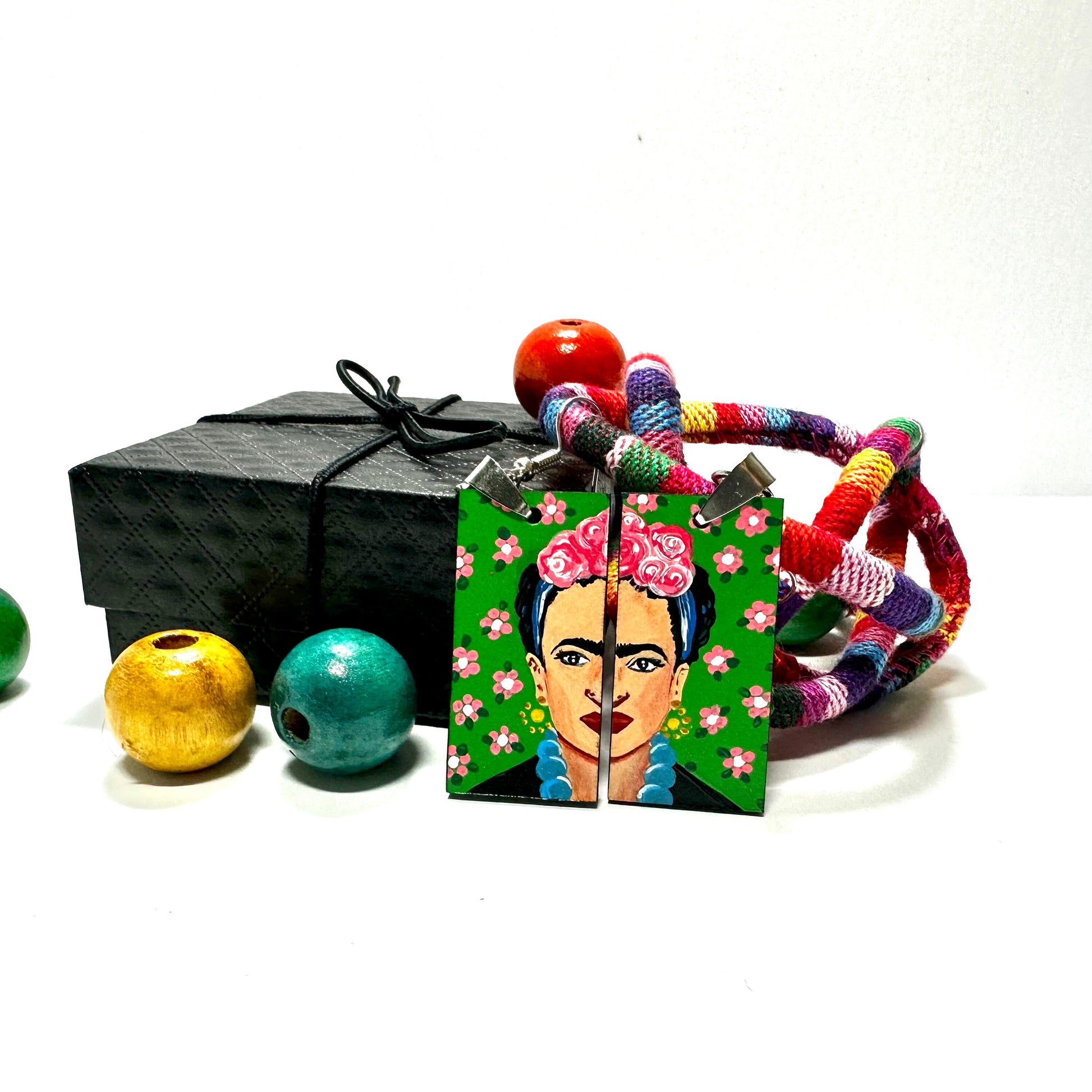 Cool Frida Inspired Earrings Hand Painted Artfully Designed Mexican Jewelry Mexico Folk Art to Wear Wooden Rectangular Asymmetrical Earrings