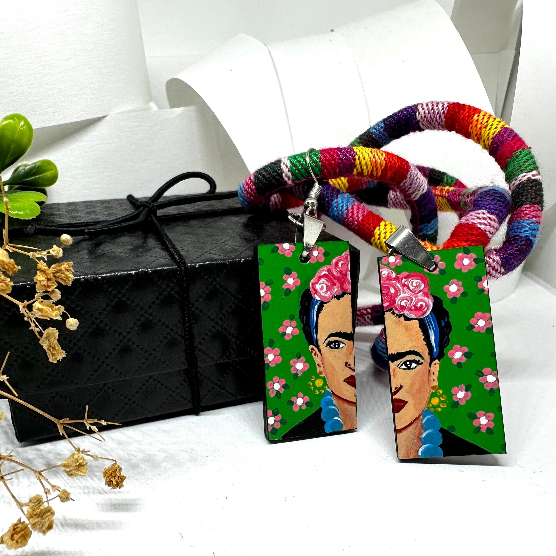 Cool Frida Inspired Earrings Hand Painted Artfully Designed Mexican Jewelry Mexico Folk Art to Wear Wooden Rectangular Asymmetrical Earrings
