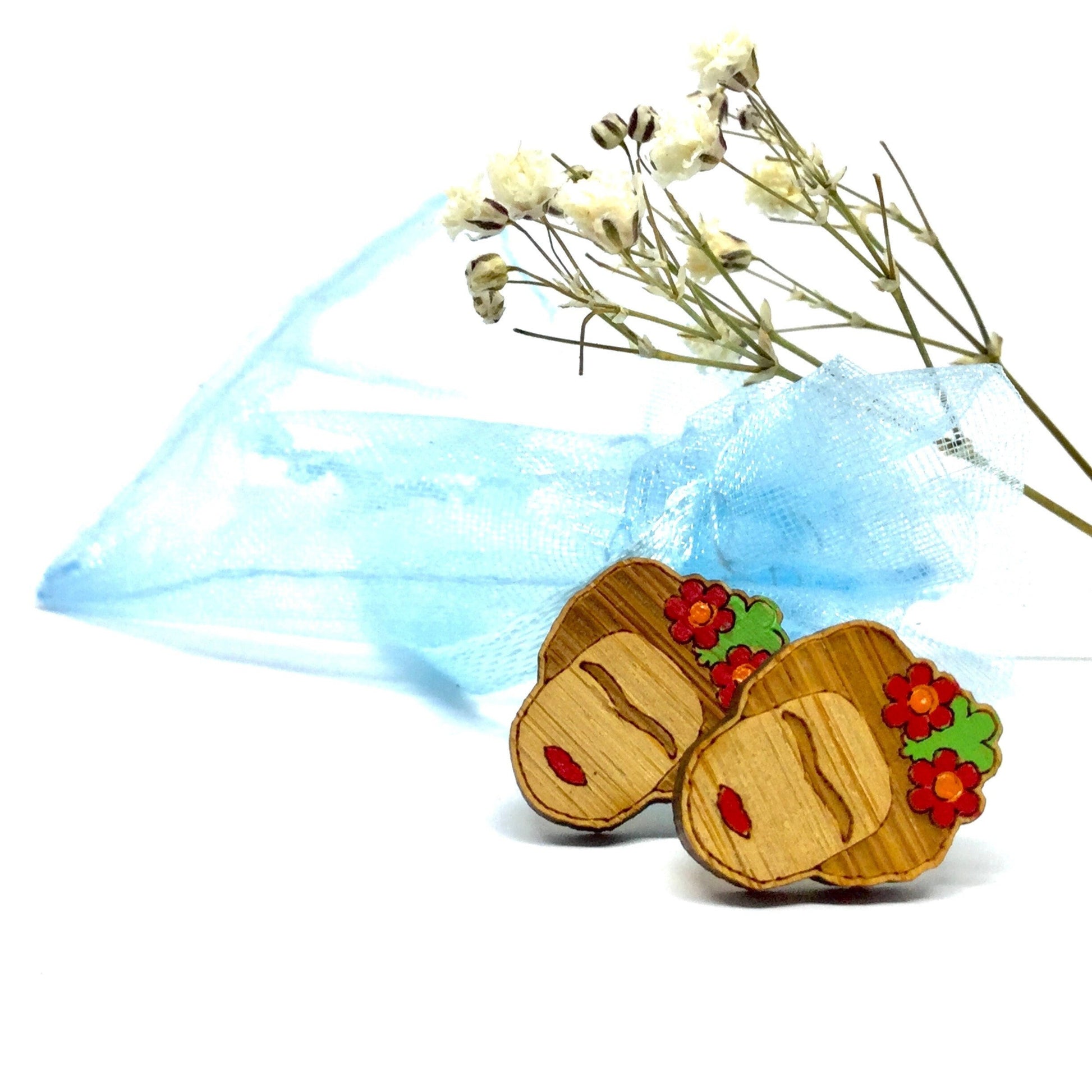 Bamboo Frida Earrings Hand Painted Red Floral Wooden Frida Inspired Earrings Mexican Jewelry Wearable Art Aretes Girl Stud Earrings Artwear