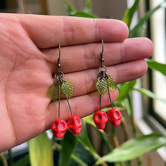 Summer Skull Earrings Red Cherry Green Leaves Dangle and Drop Ancient Bronze Earrings Women Girls Fashion Outdoor Family Friends Adventures