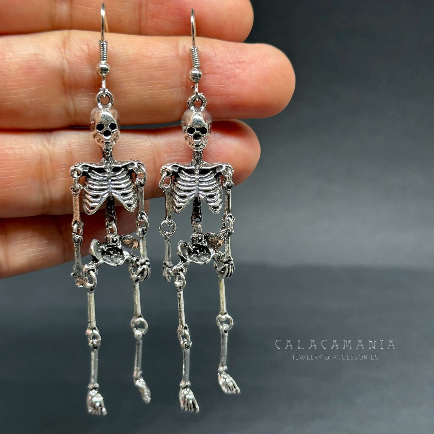 Articulated Skeleton Earrings Silver Metallic Finish Drop Dangle Skull Jewelry Halloween Day of the Dead Fashion Woman Girl Aretes Esqueleto