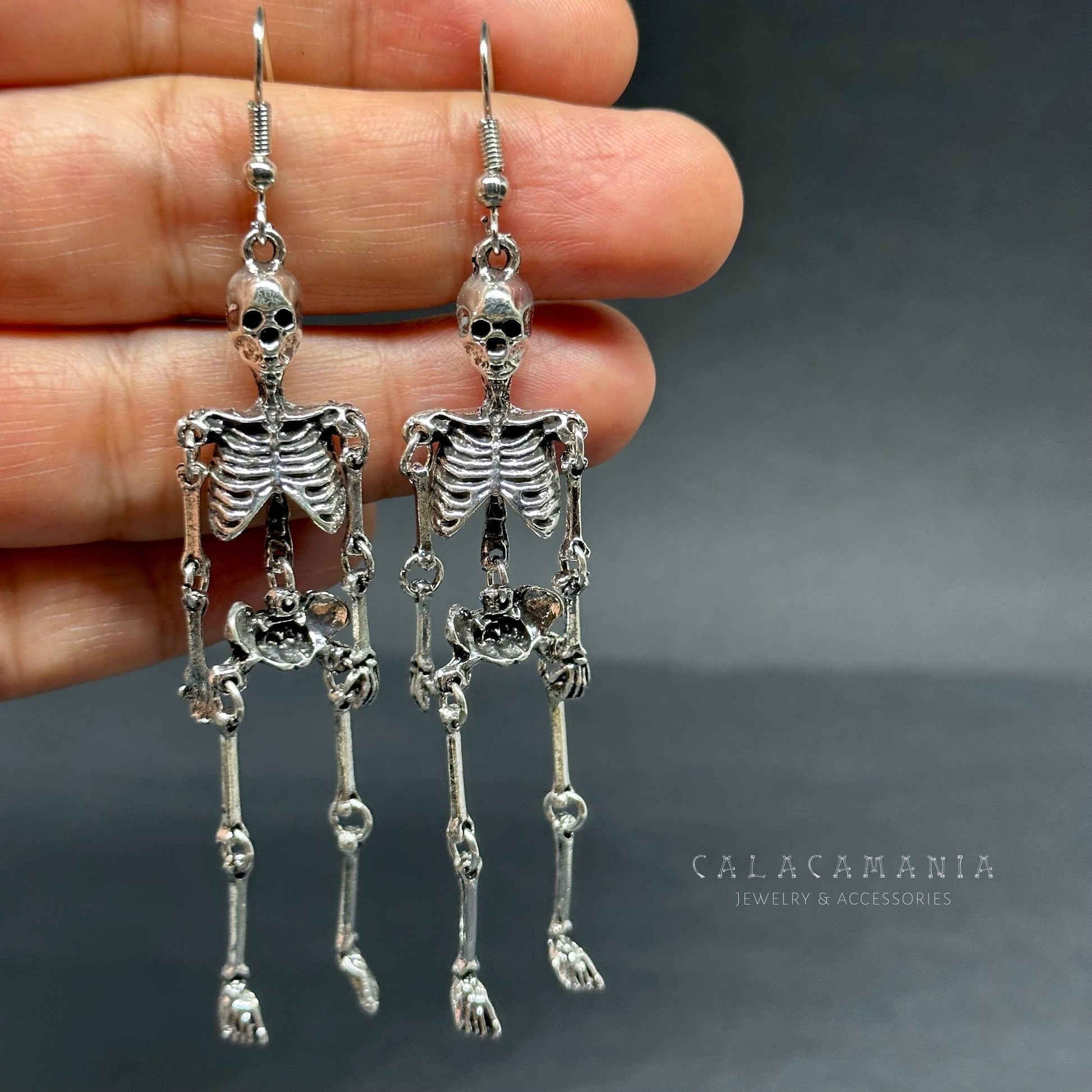 Articulated Skeleton Earrings Silver Metallic Finish Drop Dangle Skull Jewelry Halloween Day of the Dead Fashion Woman Girl Aretes Esqueleto