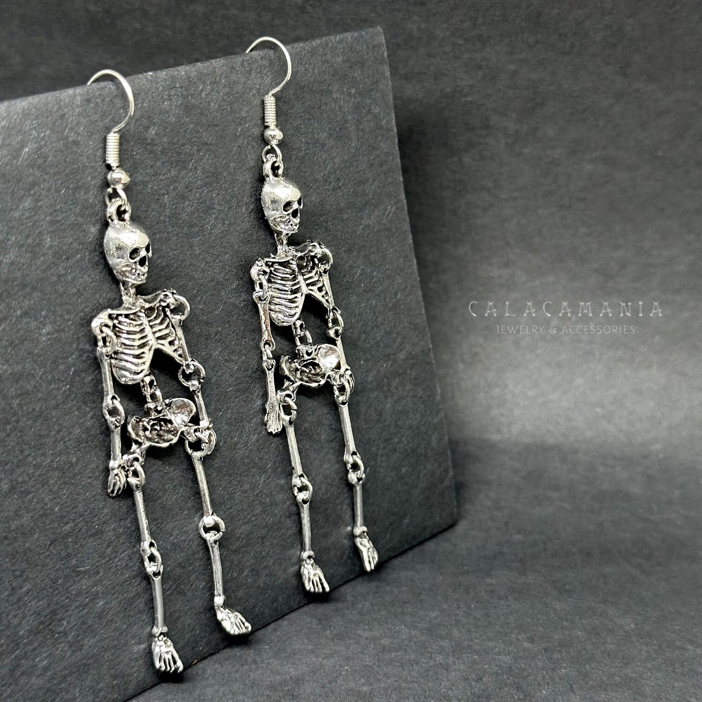 Articulated Skeleton Earrings Silver Metallic Finish Drop Dangle Skull Jewelry Halloween Day of the Dead Fashion Woman Girl Aretes Esqueleto