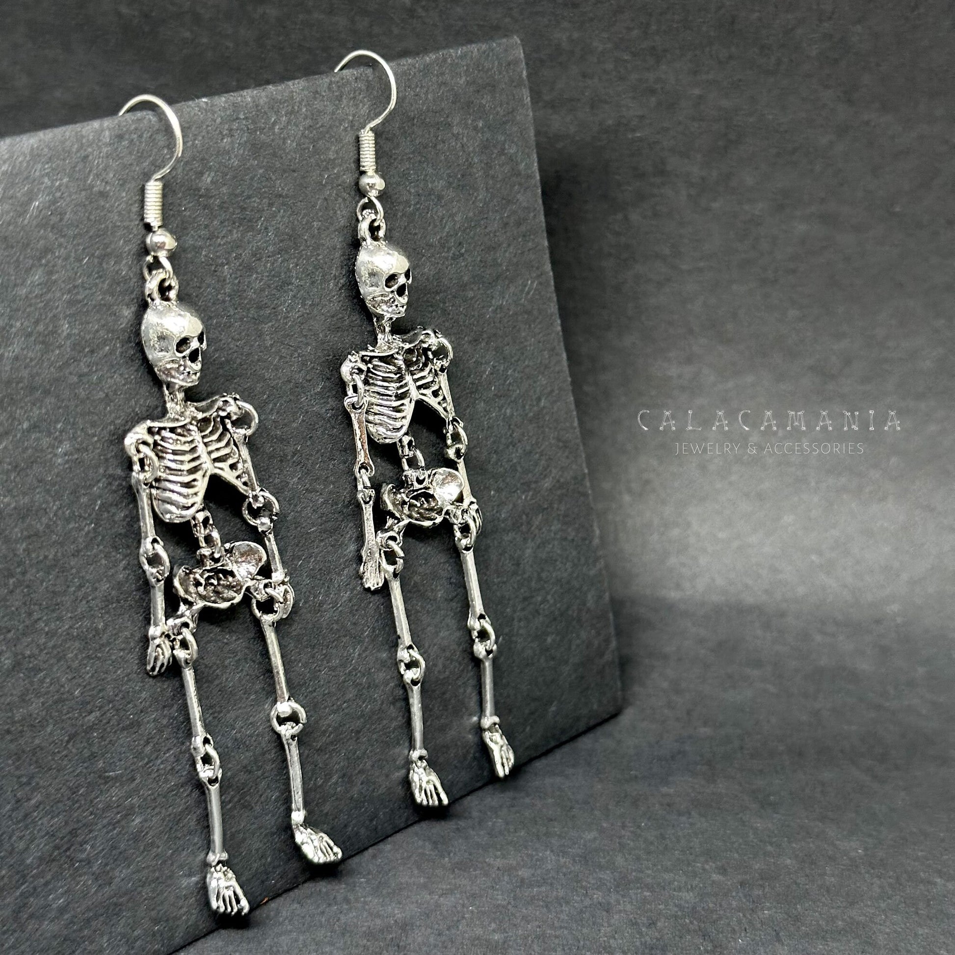 Articulated Skeleton Earrings Silver Metallic Finish Drop Dangle Skull Jewelry Halloween Day of the Dead Fashion Woman Girl Aretes Esqueleto