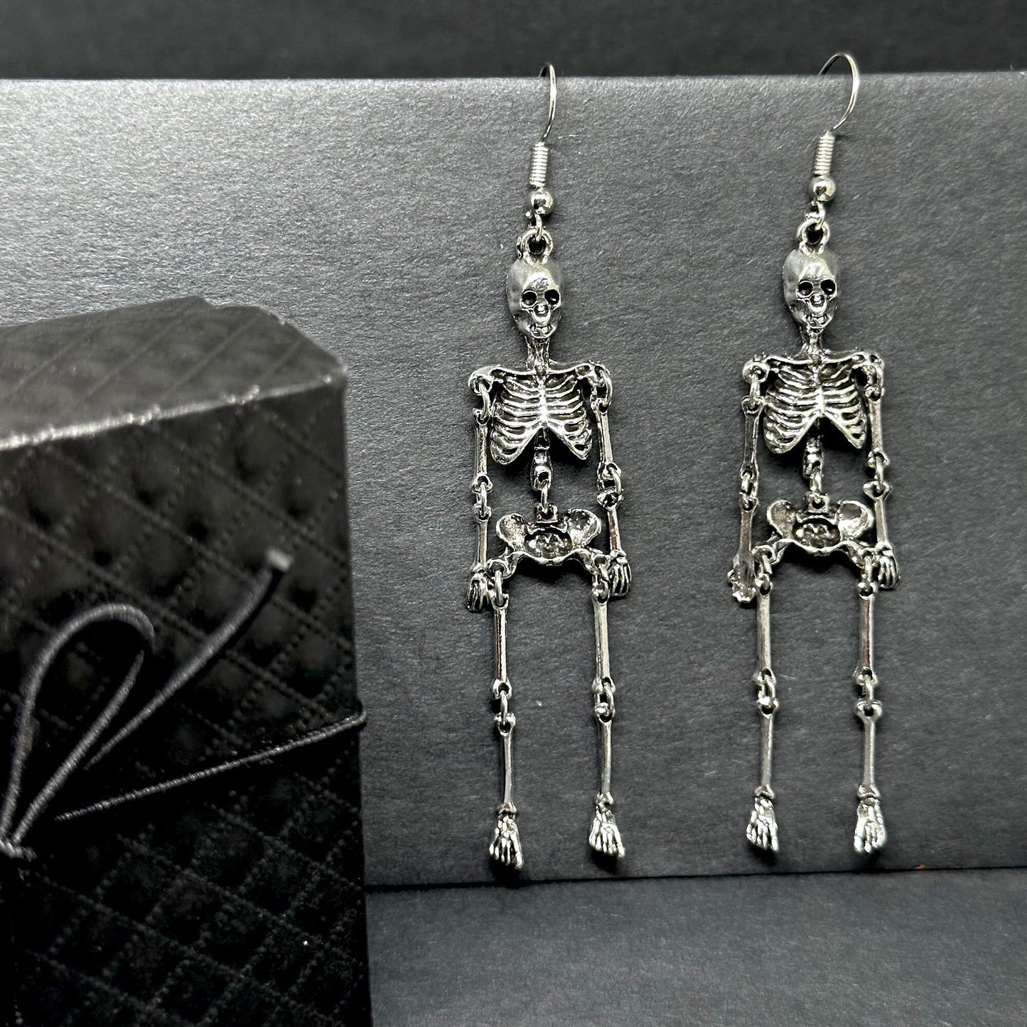 Articulated Skeleton Earrings Silver Metallic Finish Drop Dangle Skull Jewelry Halloween Day of the Dead Fashion Woman Girl Aretes Esqueleto