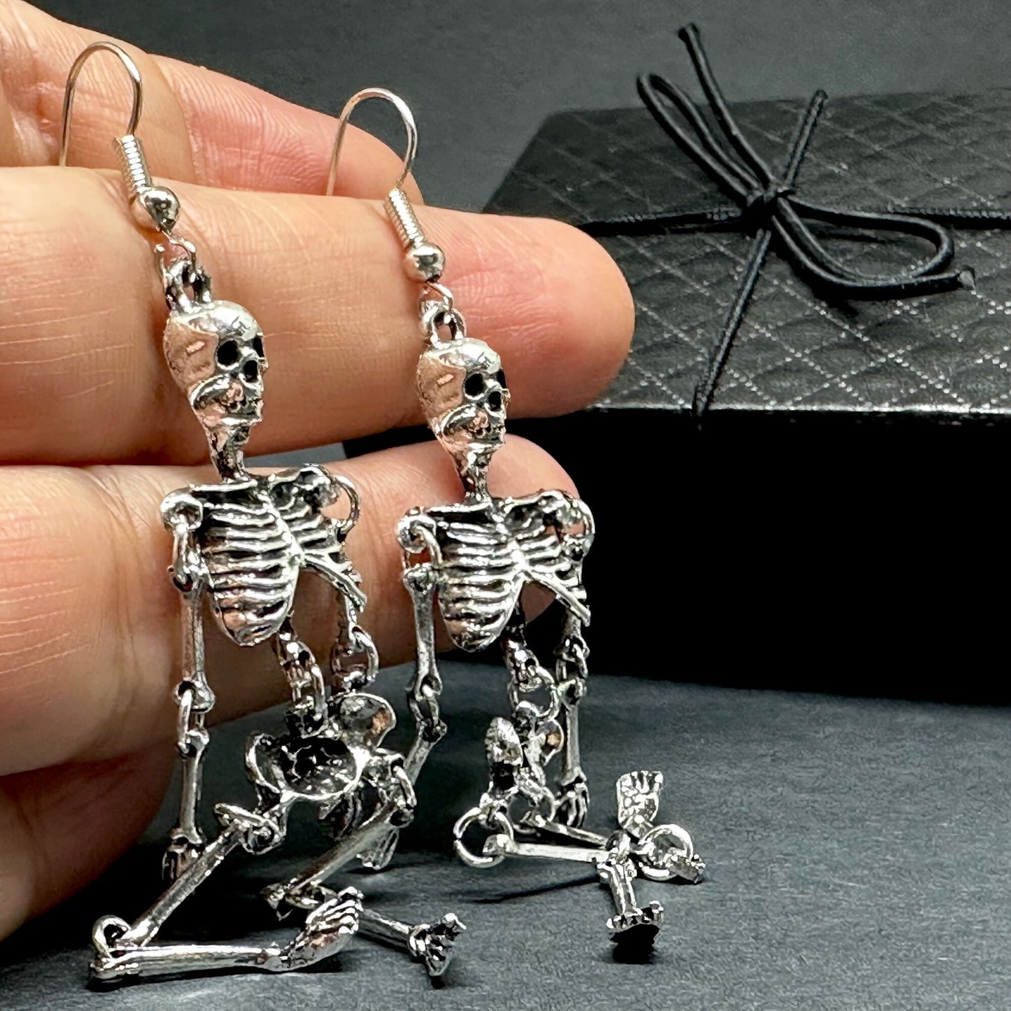 Articulated Skeleton Earrings Silver Metallic Finish Drop Dangle Skull Jewelry Halloween Day of the Dead Fashion Woman Girl Aretes Esqueleto