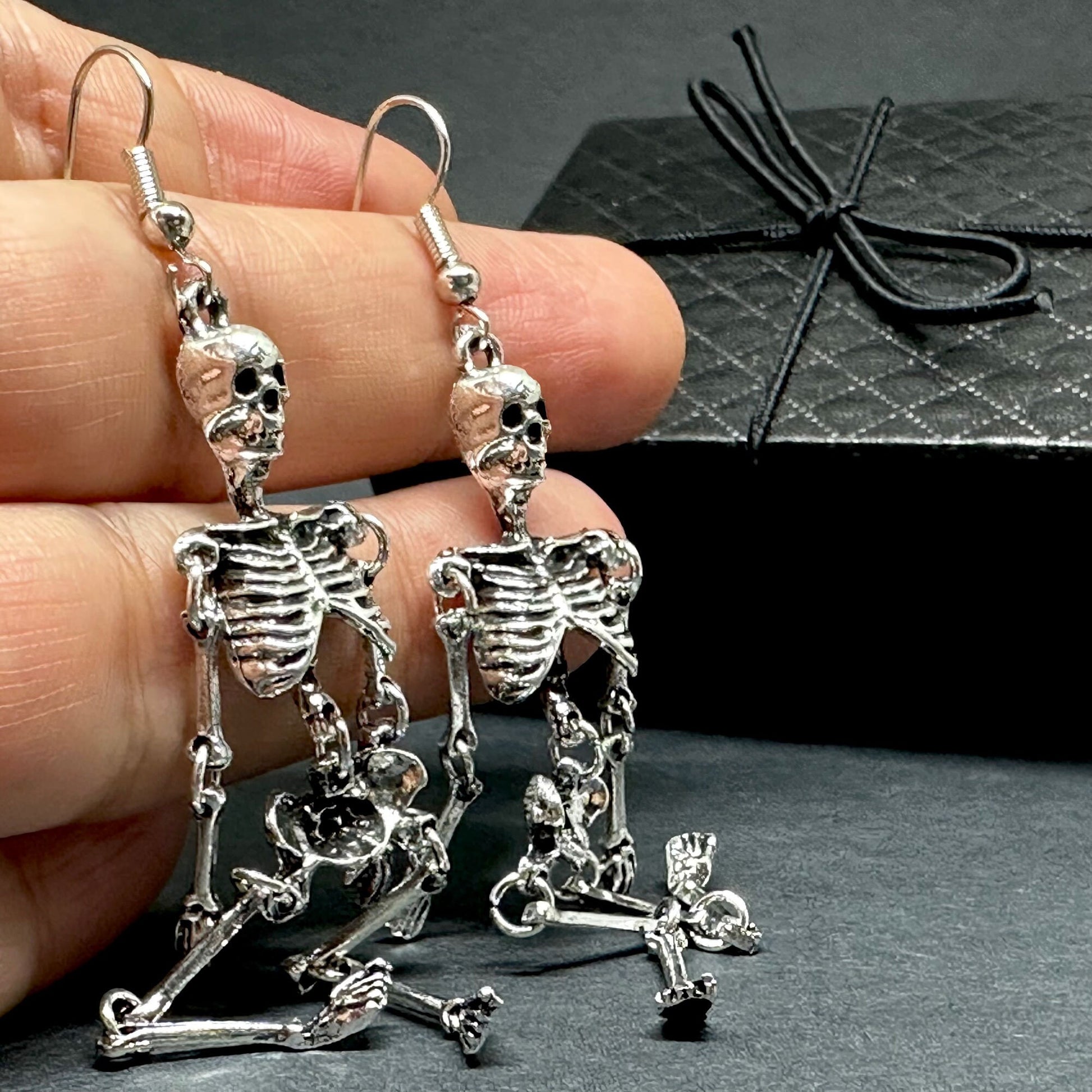 Articulated Skeleton Earrings Silver Metallic Finish Drop Dangle Skull Jewelry Halloween Day of the Dead Fashion Woman Girl Aretes Esqueleto