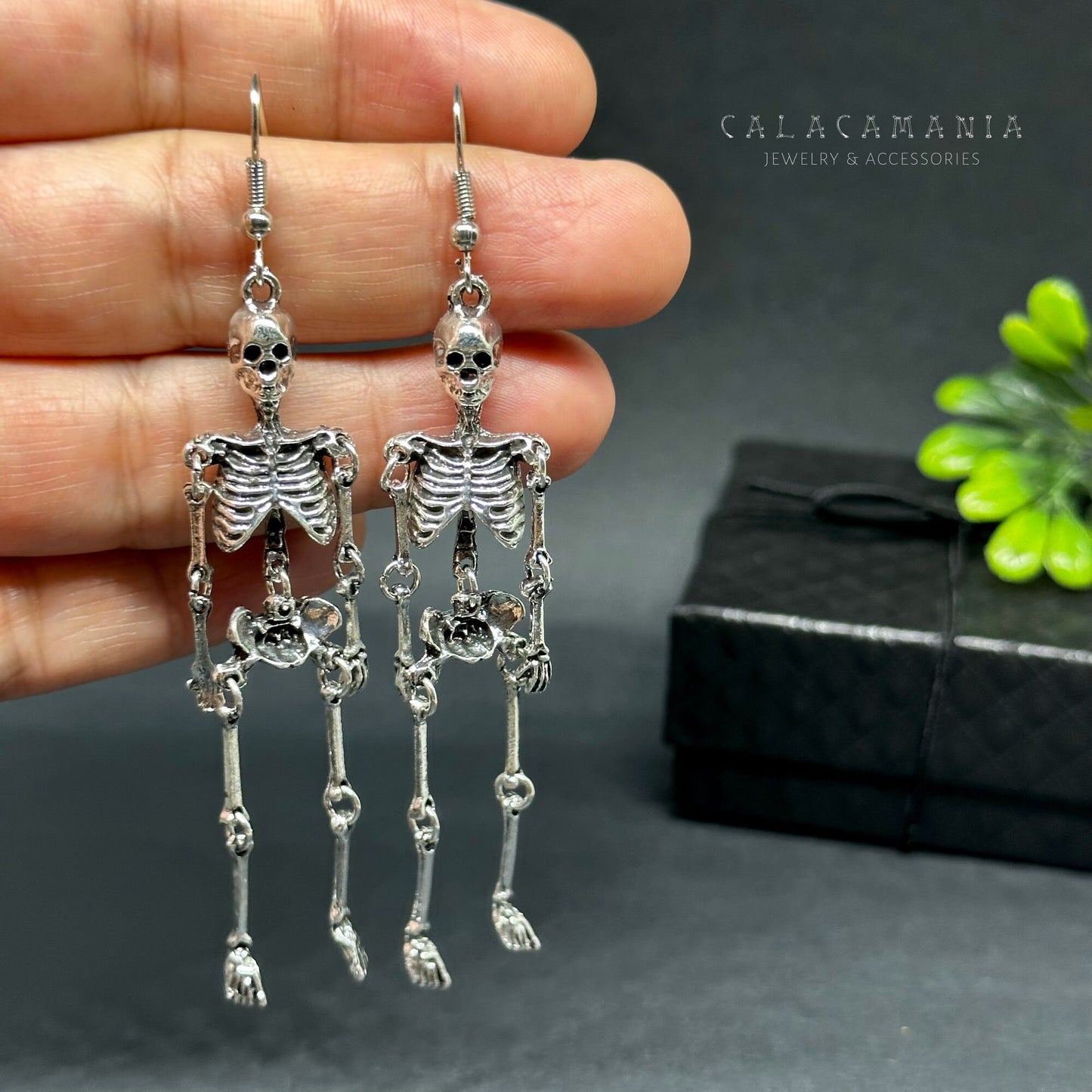 Articulated Skeleton Earrings Silver Metallic Finish Drop Dangle Skull Jewelry Halloween Day of the Dead Fashion Woman Girl Aretes Esqueleto
