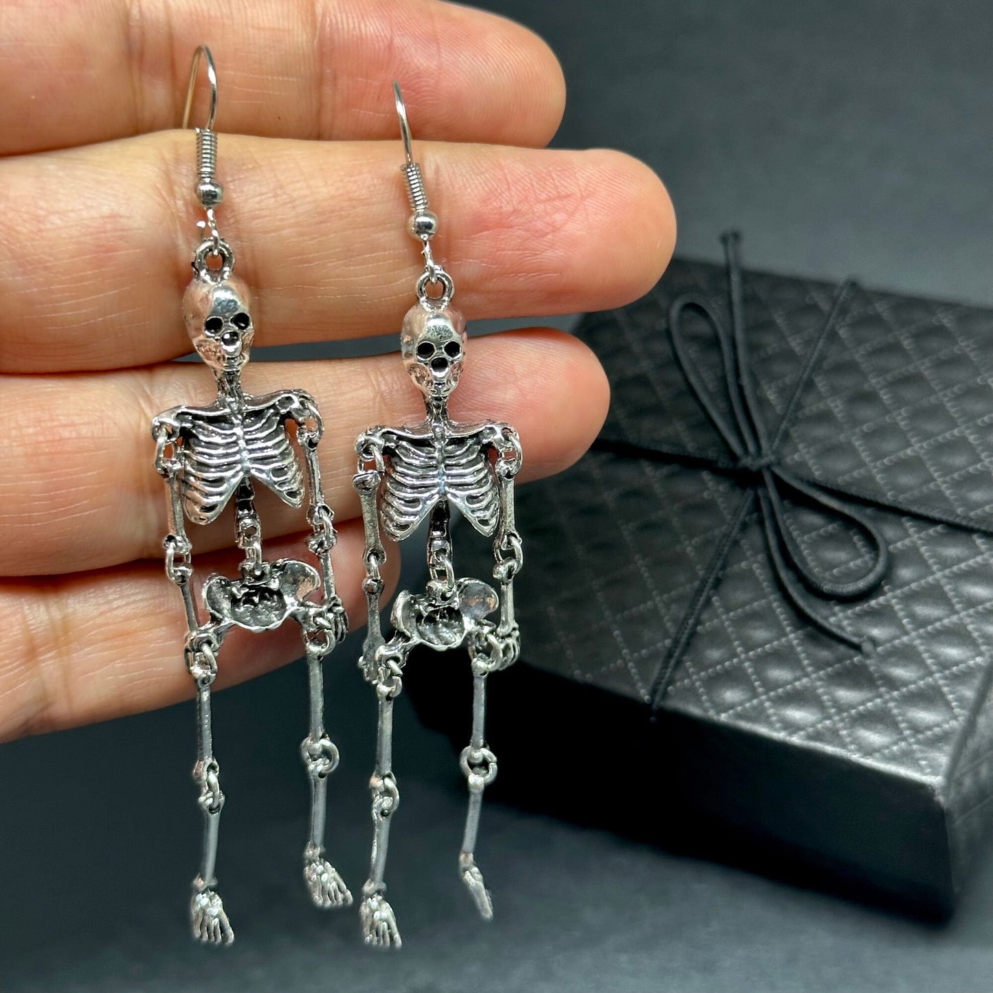 Articulated Skeleton Earrings Silver Metallic Finish Drop Dangle Skull Jewelry Halloween Day of the Dead Fashion Woman Girl Aretes Esqueleto