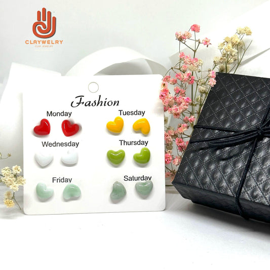 Dainty Heart Earrings Set Multi-Color Ceramic Hearts Clay Studs Mix and Match All Week Fashion Summer Casual Outfit Friends Girls Gift Idea