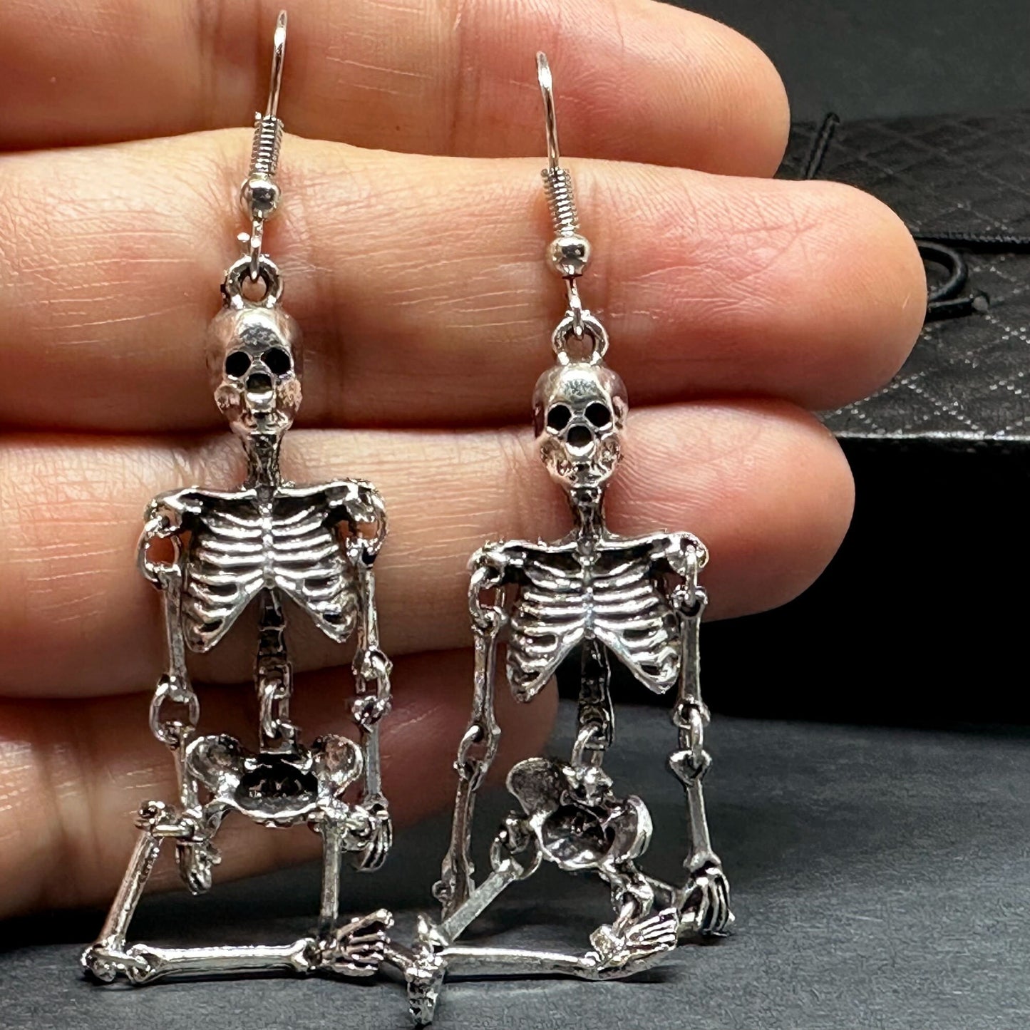 Articulated Skeleton Earrings Silver Metallic Finish Drop Dangle Skull Jewelry Halloween Day of the Dead Fashion Woman Girl Aretes Esqueleto