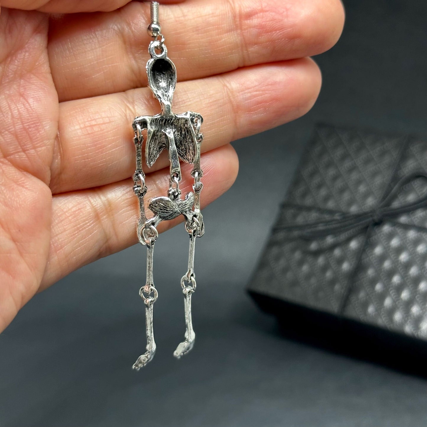 Articulated Skeleton Earrings Silver Metallic Finish Drop Dangle Skull Jewelry Halloween Day of the Dead Fashion Woman Girl Aretes Esqueleto