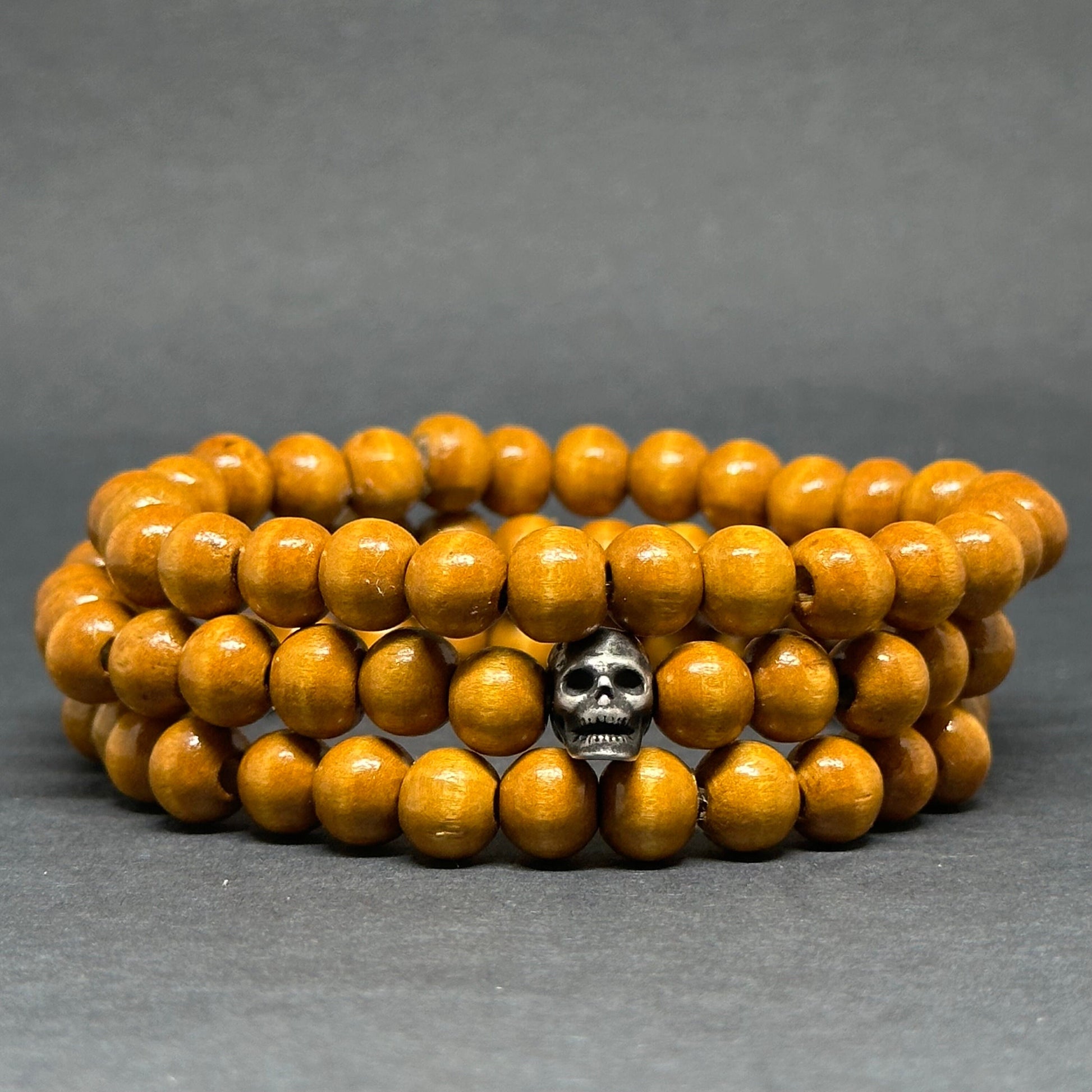 Multi Layer Wooden Bracelet Set Skull Fashion Jewelry Men Wristband Mix and Match Man Casual Outfit Natural Wood Beads Metallic Gothic Skull