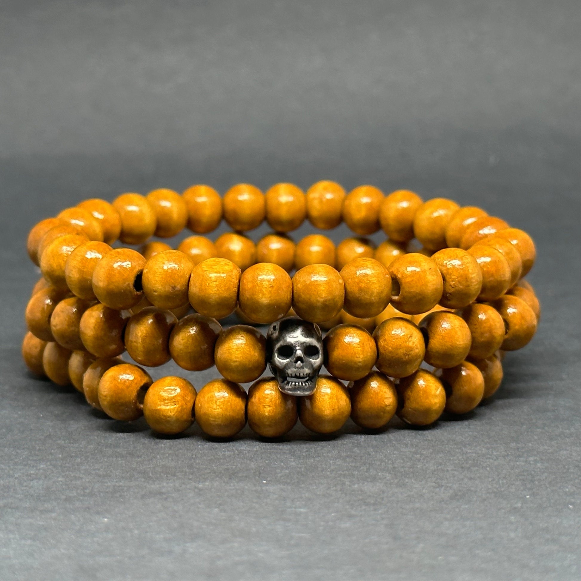 Multi Layer Wooden Bracelet Set Skull Fashion Jewelry Men Wristband Mix and Match Man Casual Outfit Natural Wood Beads Metallic Gothic Skull