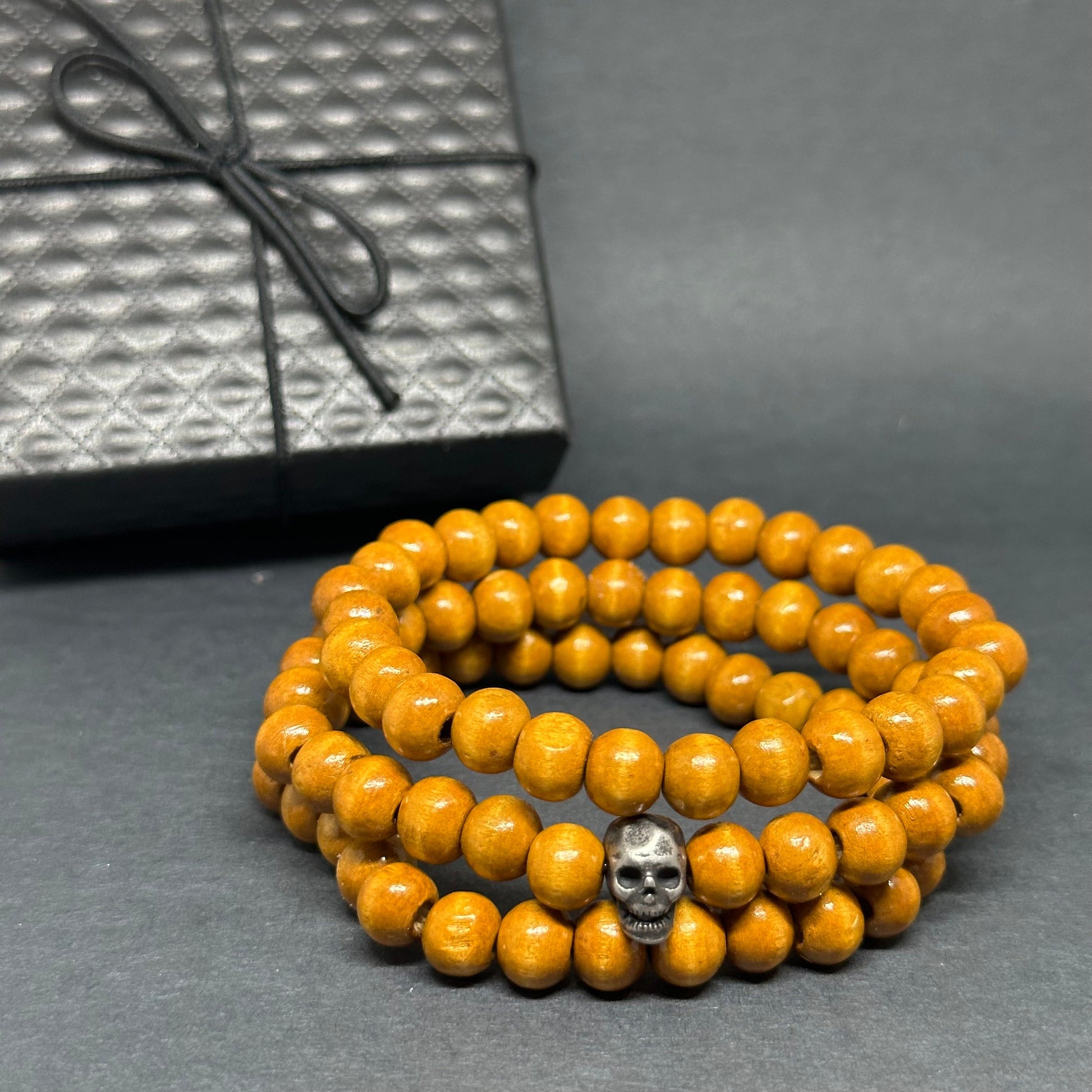 Multi Layer Wooden Bracelet Set Skull Fashion Jewelry Men Wristband Mix and Match Man Casual Outfit Natural Wood Beads Metallic Gothic Skull