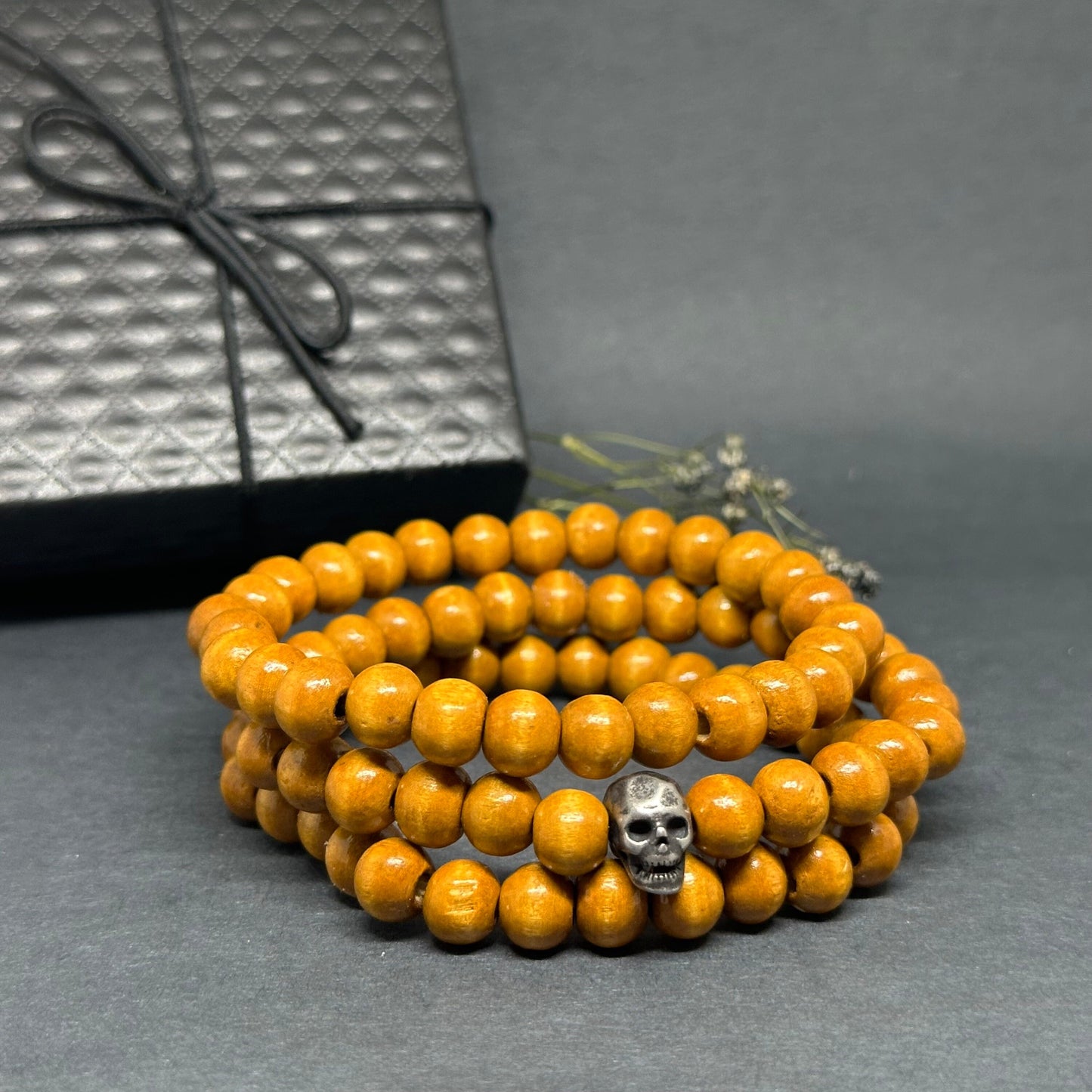 Multi Layer Wooden Bracelet Set Skull Fashion Jewelry Men Wristband Mix and Match Man Casual Outfit Natural Wood Beads Metallic Gothic Skull
