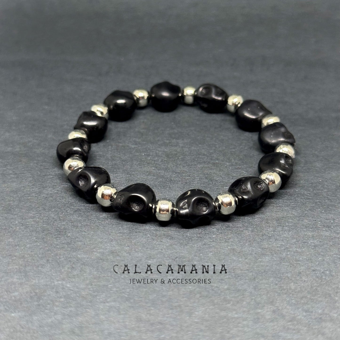 Black Skull Beaded Stretch Bracelet Men Wristband Skeleton Jewelry Man Skulls Stone Beads and Silver Metallic Round Beads Pulsera Calaveras