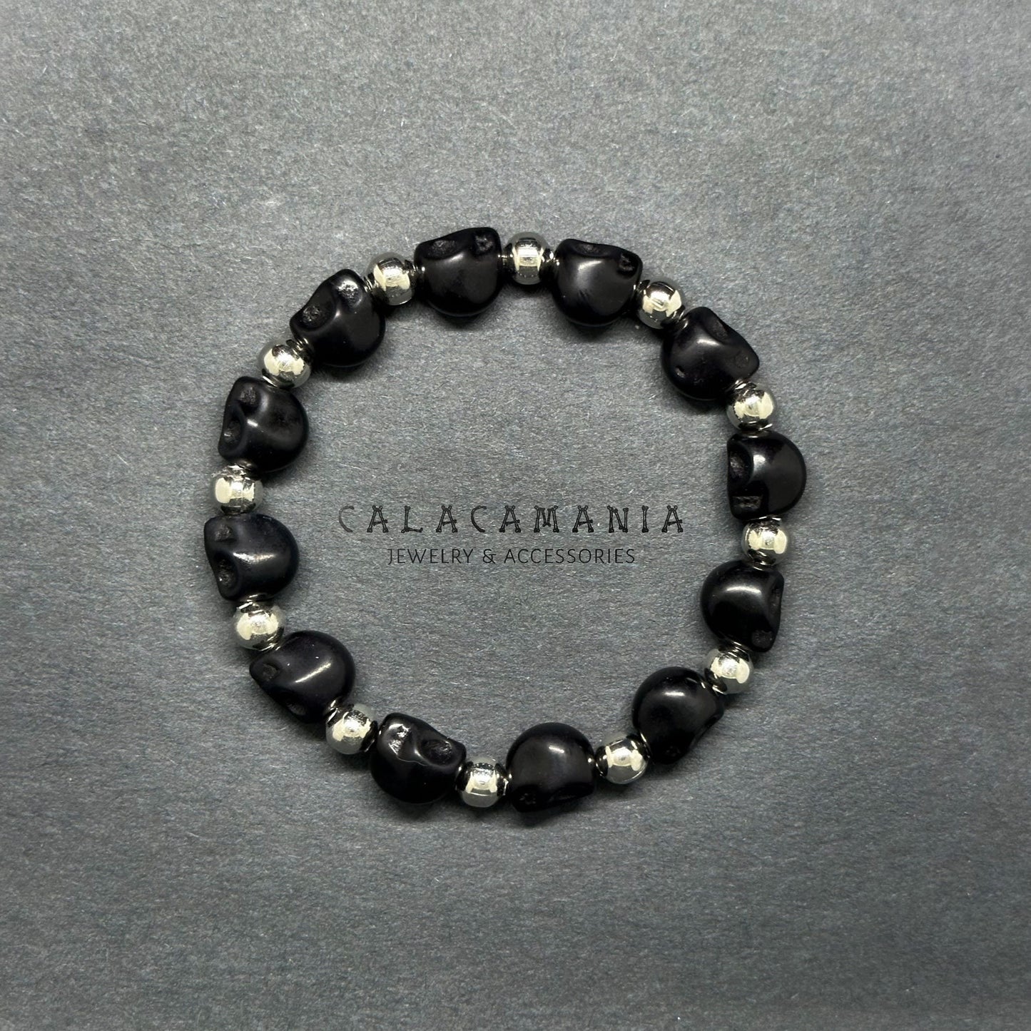 Black Skull Beaded Stretch Bracelet Men Wristband Skeleton Jewelry Man Skulls Stone Beads and Silver Metallic Round Beads Pulsera Calaveras