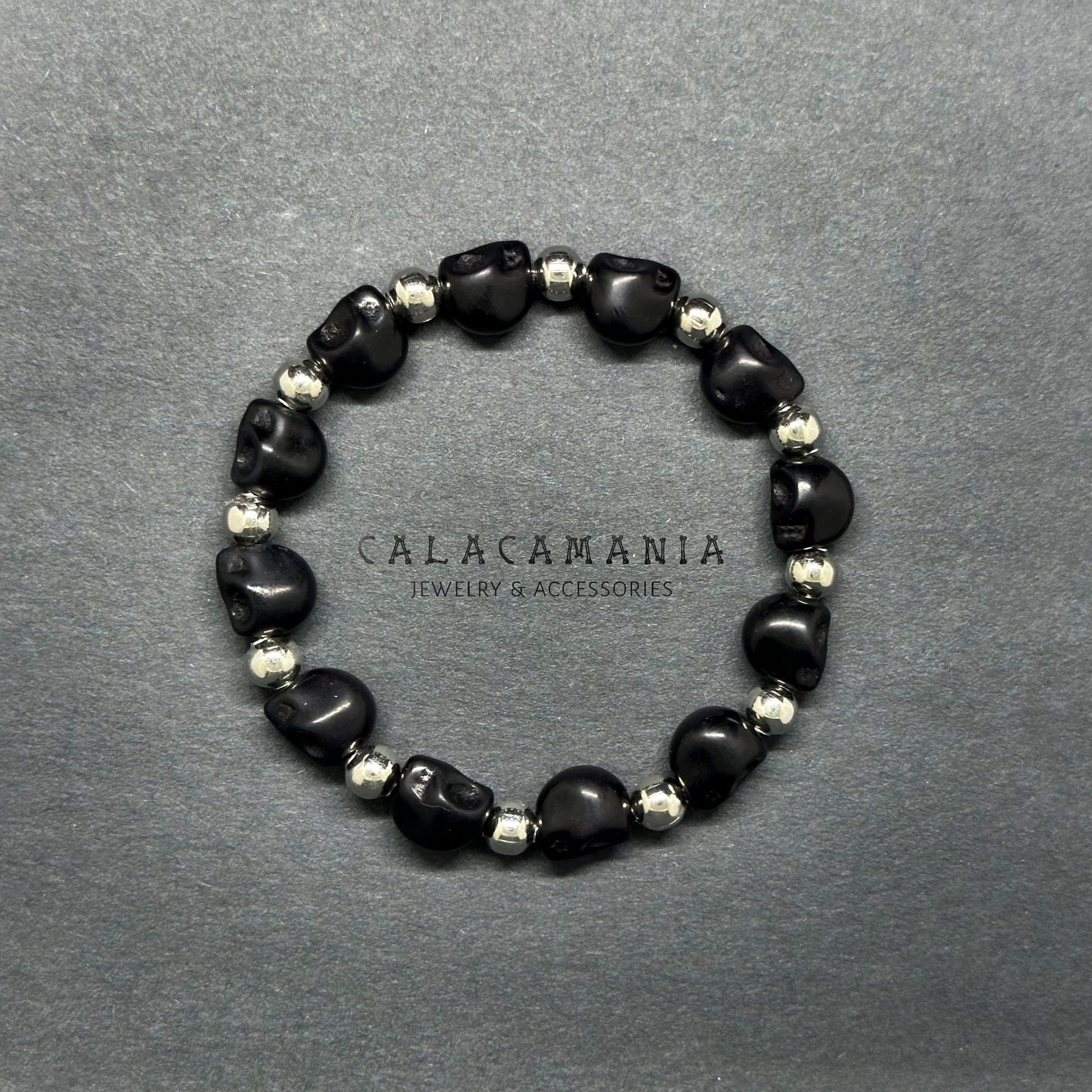 Black Skull Beaded Stretch Bracelet Men Wristband Skeleton Jewelry Man Skulls Stone Beads and Silver Metallic Round Beads Pulsera Calaveras