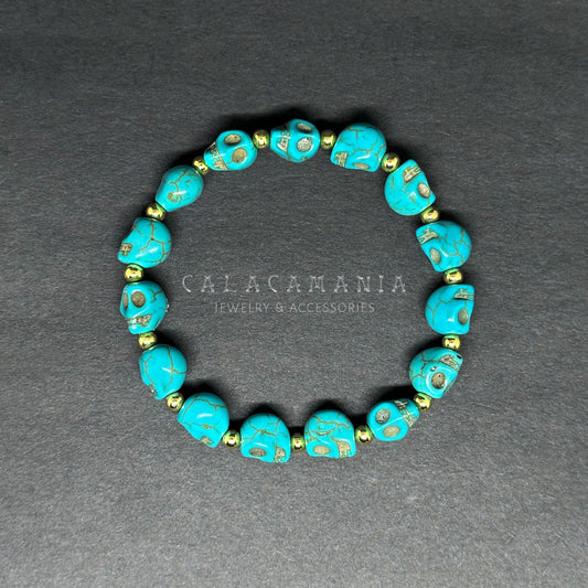 Stretch Turquoise Rustic Skull Beaded Bracelet Skulls Wristband Gold Metallic Tone Beads Unisex Day of the Dead and lloween Fashion Casual
