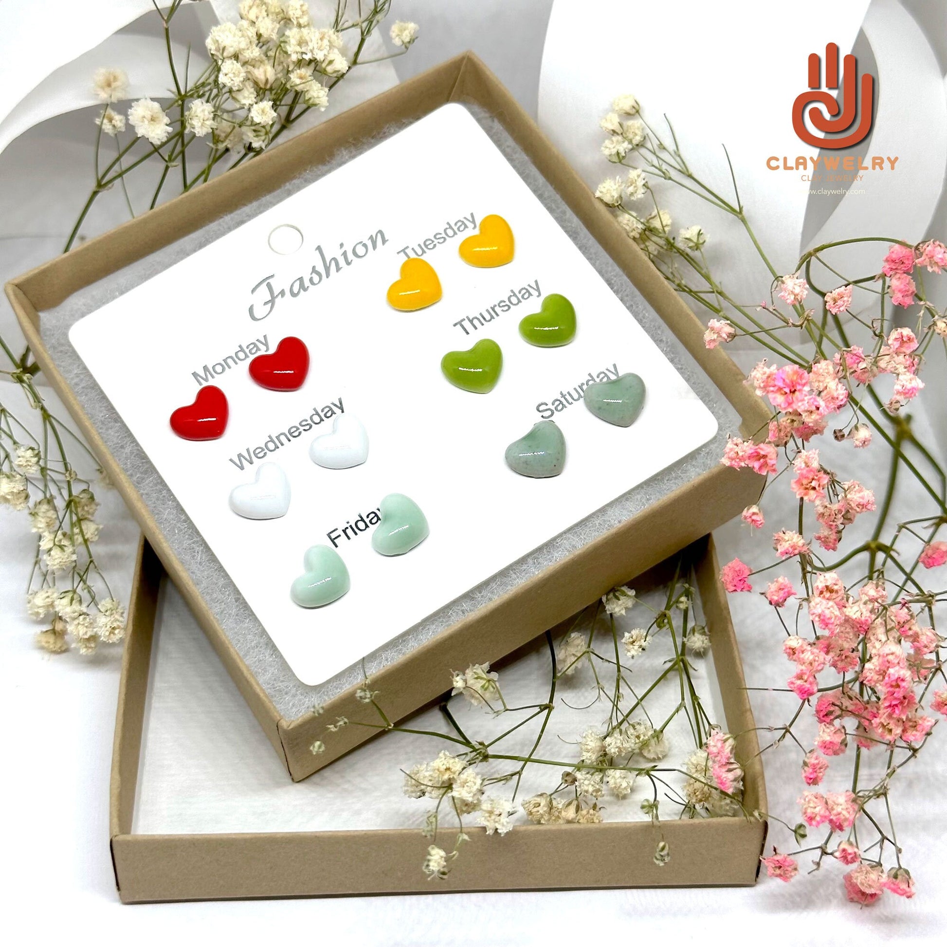 Dainty Heart Earrings Set Multi-Color Ceramic Hearts Clay Studs Mix and Match All Week Fashion Summer Casual Outfit Friends Girls Gift Idea