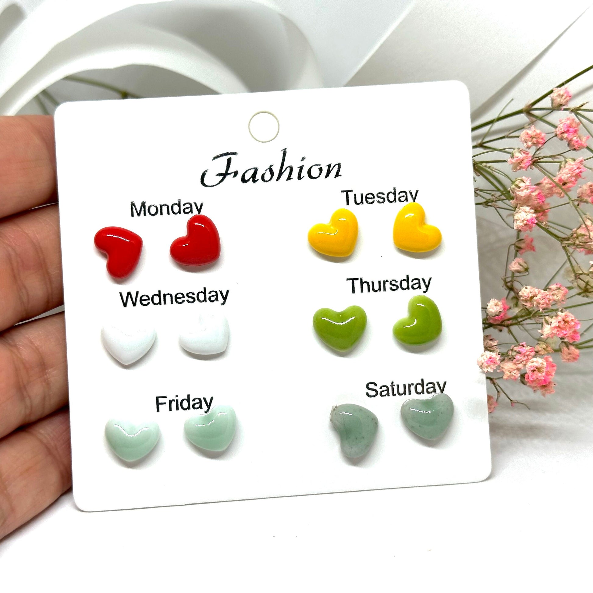Dainty Heart Earrings Set Multi-Color Ceramic Hearts Clay Studs Mix and Match All Week Fashion Summer Casual Outfit Friends Girls Gift Idea