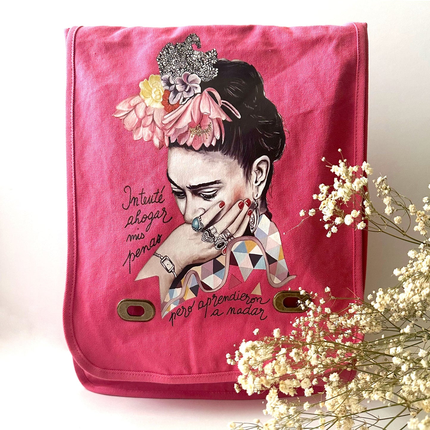 Enchanting Frida Inspired Pink Soft Canvas Crossbody Shoulder Strap Bag Mexican Artist Portrait Woman Girl Casual Fashion Birthday Gift Idea
