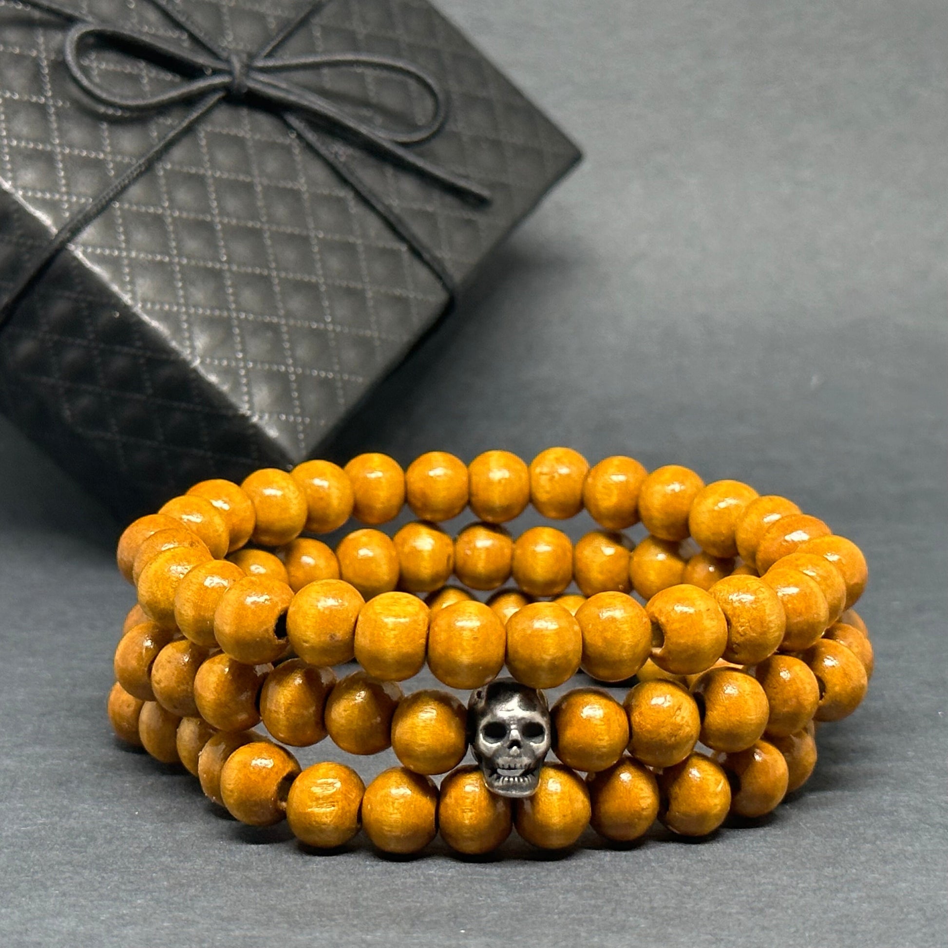 Multi Layer Wooden Bracelet Set Skull Fashion Jewelry Men Wristband Mix and Match Man Casual Outfit Natural Wood Beads Metallic Gothic Skull