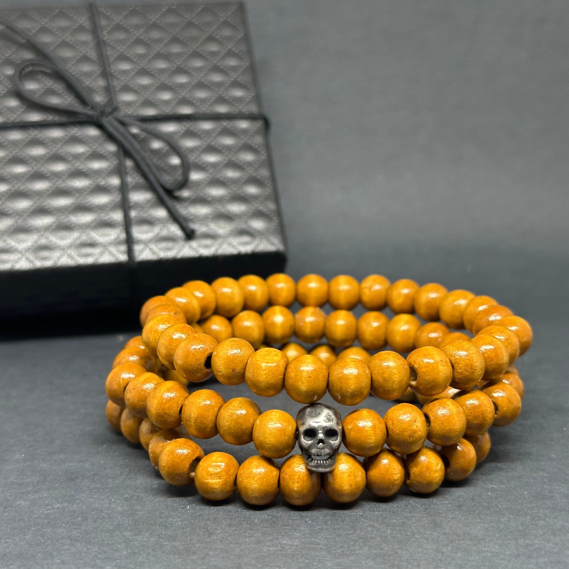 Multi Layer Wooden Bracelet Set Skull Fashion Jewelry Men Wristband Mix and Match Man Casual Outfit Natural Wood Beads Metallic Gothic Skull