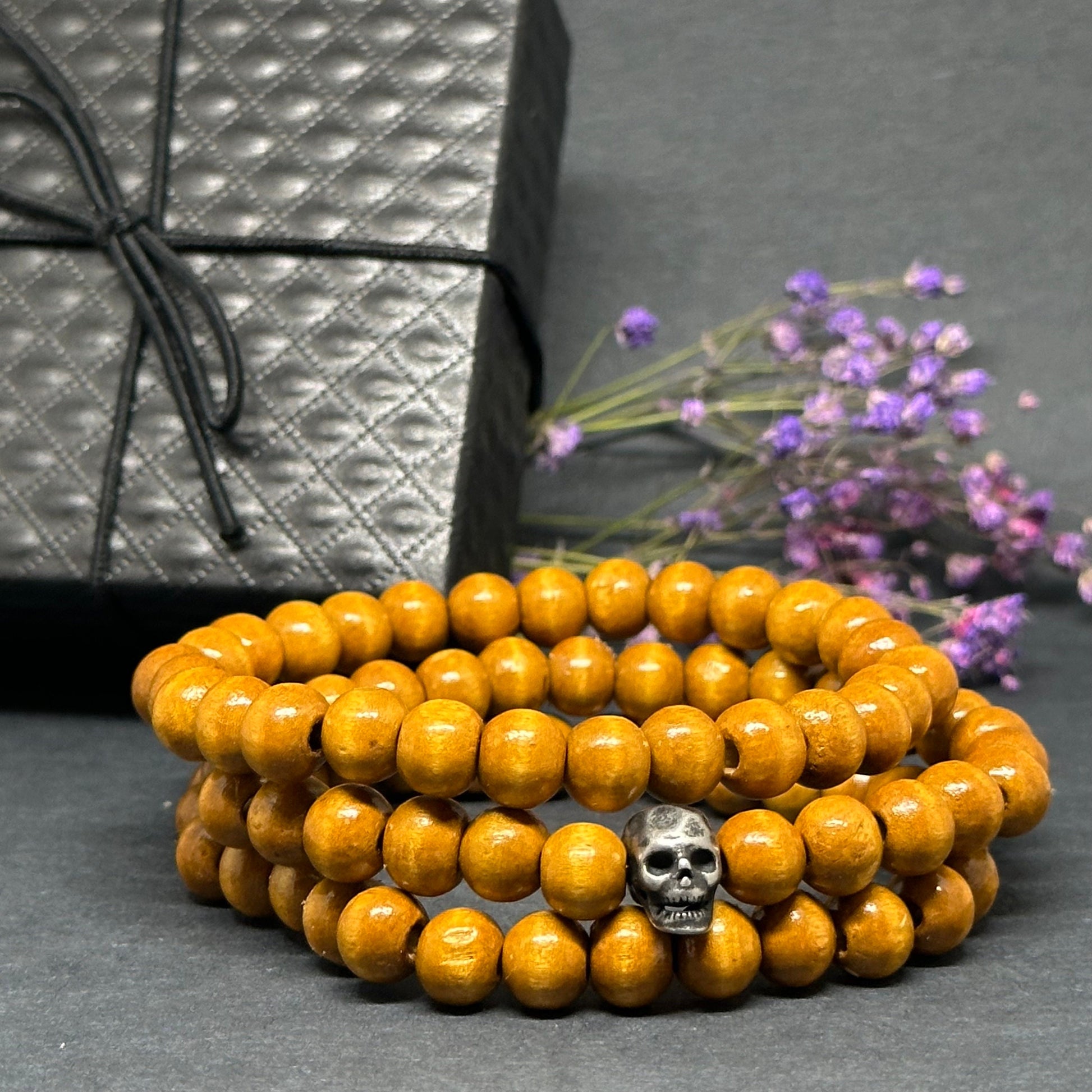 Multi Layer Wooden Bracelet Set Skull Fashion Jewelry Men Wristband Mix and Match Man Casual Outfit Natural Wood Beads Metallic Gothic Skull