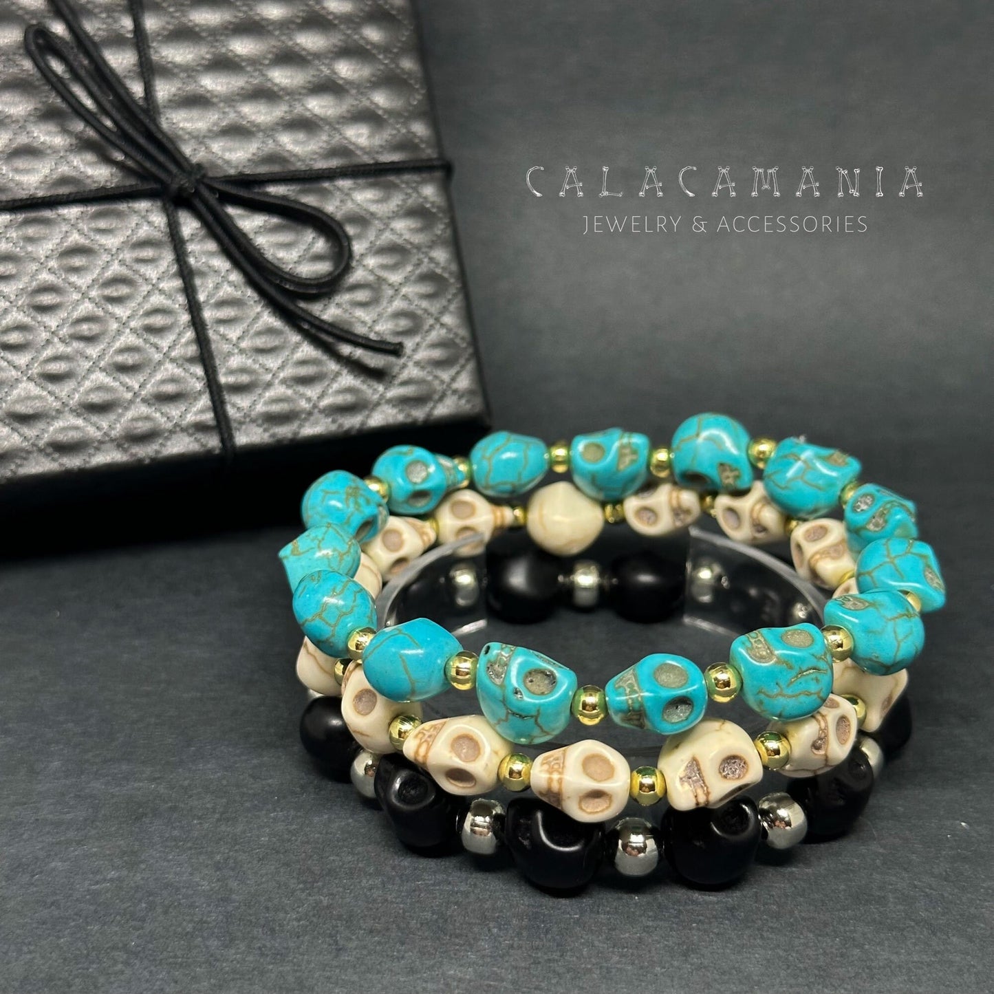 Beaded Skull Bracelet Set Stacked - Multilayered Unisex Wristband Skull and Metallic Silver Gold Round Beads Skull Jewelry Fashion Calaveras