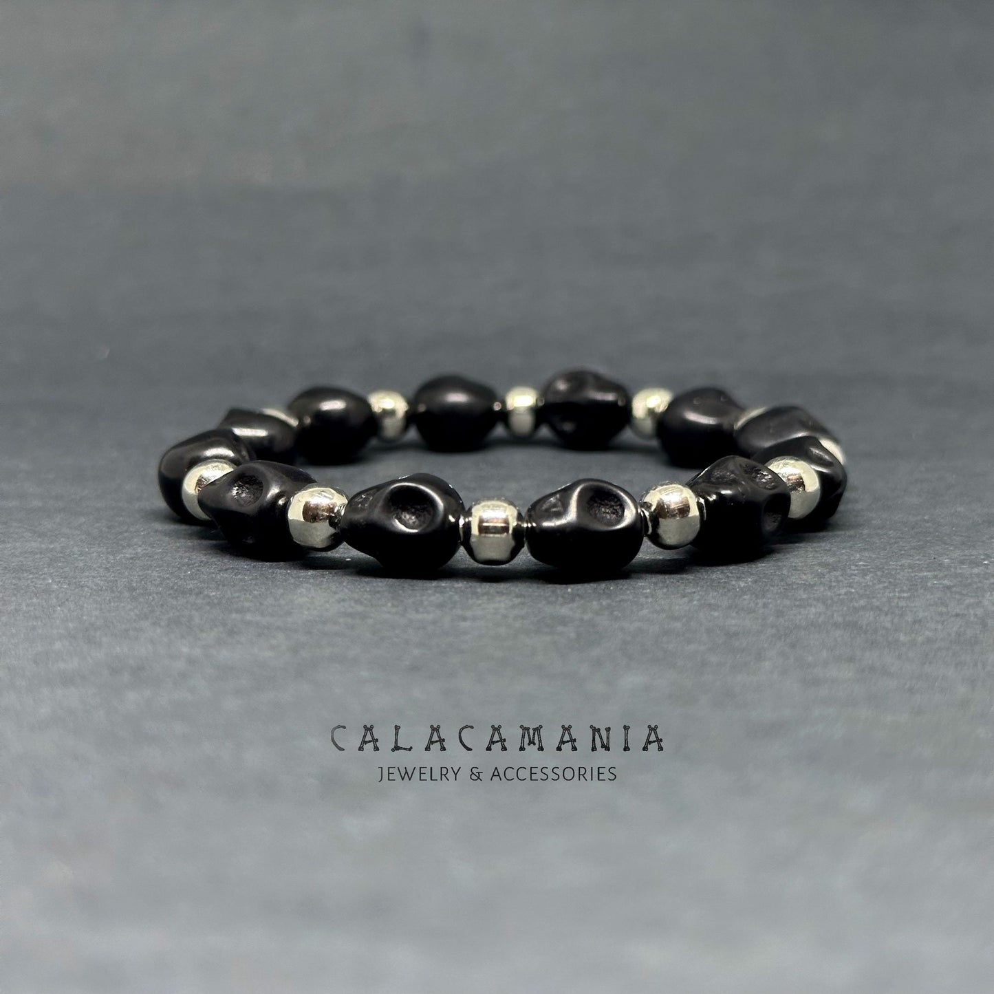 Black Skull Beaded Stretch Bracelet Men Wristband Skeleton Jewelry Man Skulls Stone Beads and Silver Metallic Round Beads Pulsera Calaveras